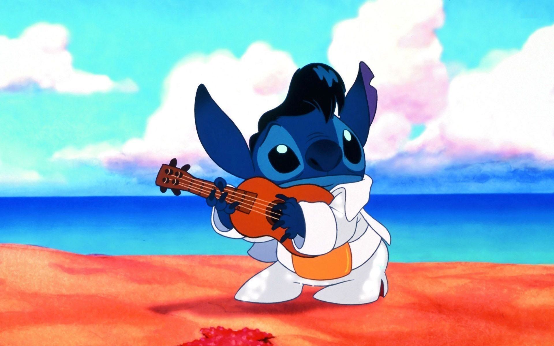 Stitch, Elvis-Kostüm, Gitarre, Strand, Meer, 16:10, Full-HD-Hintergrundbild für den Desktop