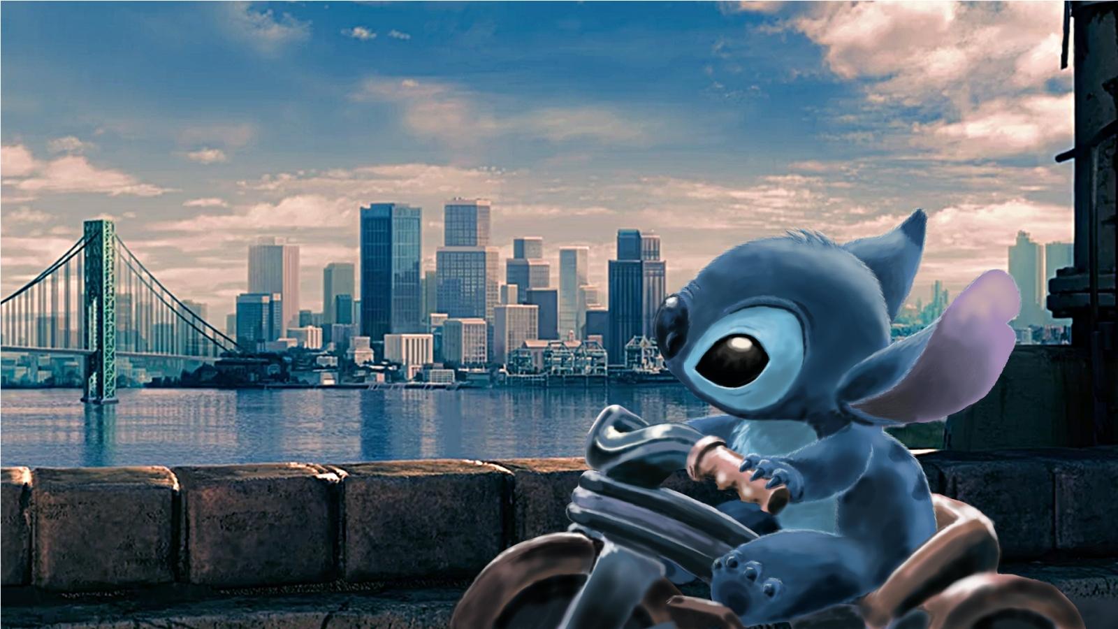 Stitch, Motorrad, Skyline, Brücke, Fluss, Fan-Art, HD, Hintergrundbild für den PC