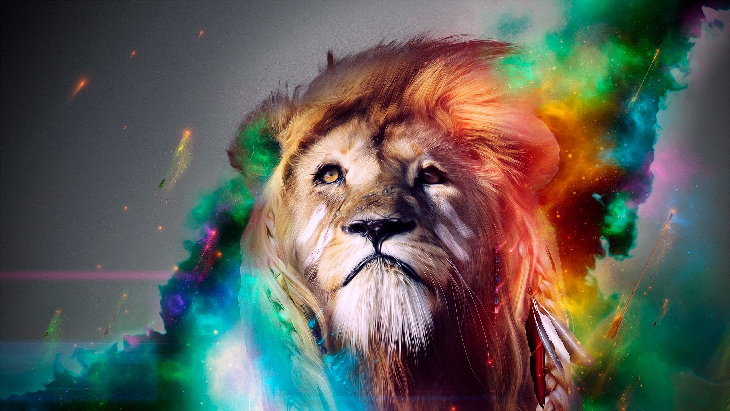 Löwe, Bunte Farben, Abstrakt, Digitale Kunst, Mähne, 16:9, 2K-Hintergrundbild für den Desktop