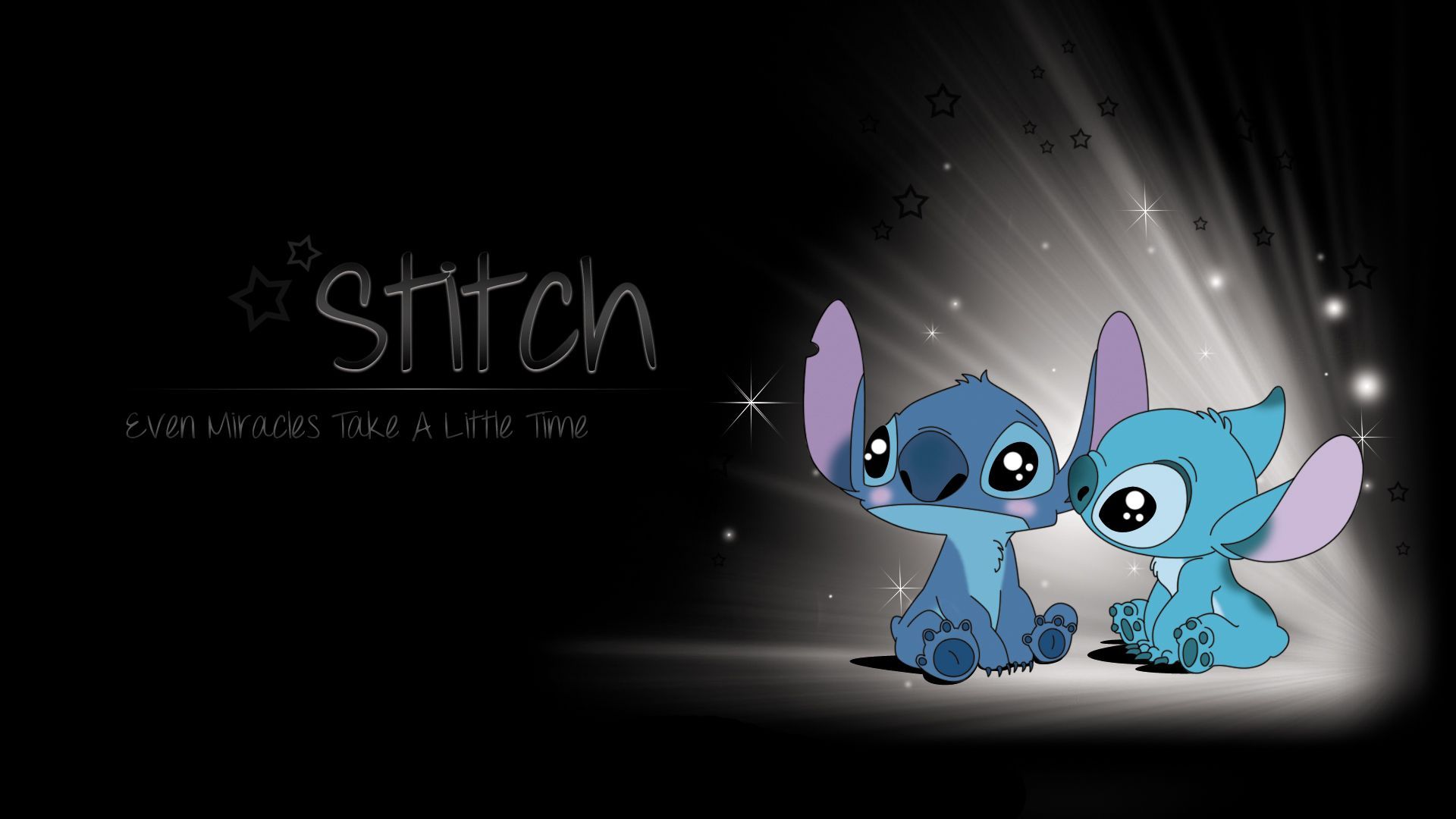 Stitch, Angel, Schriftzug, Lichtstrahl, Schwarzer Hintergrund, Full HD Wallpaper
