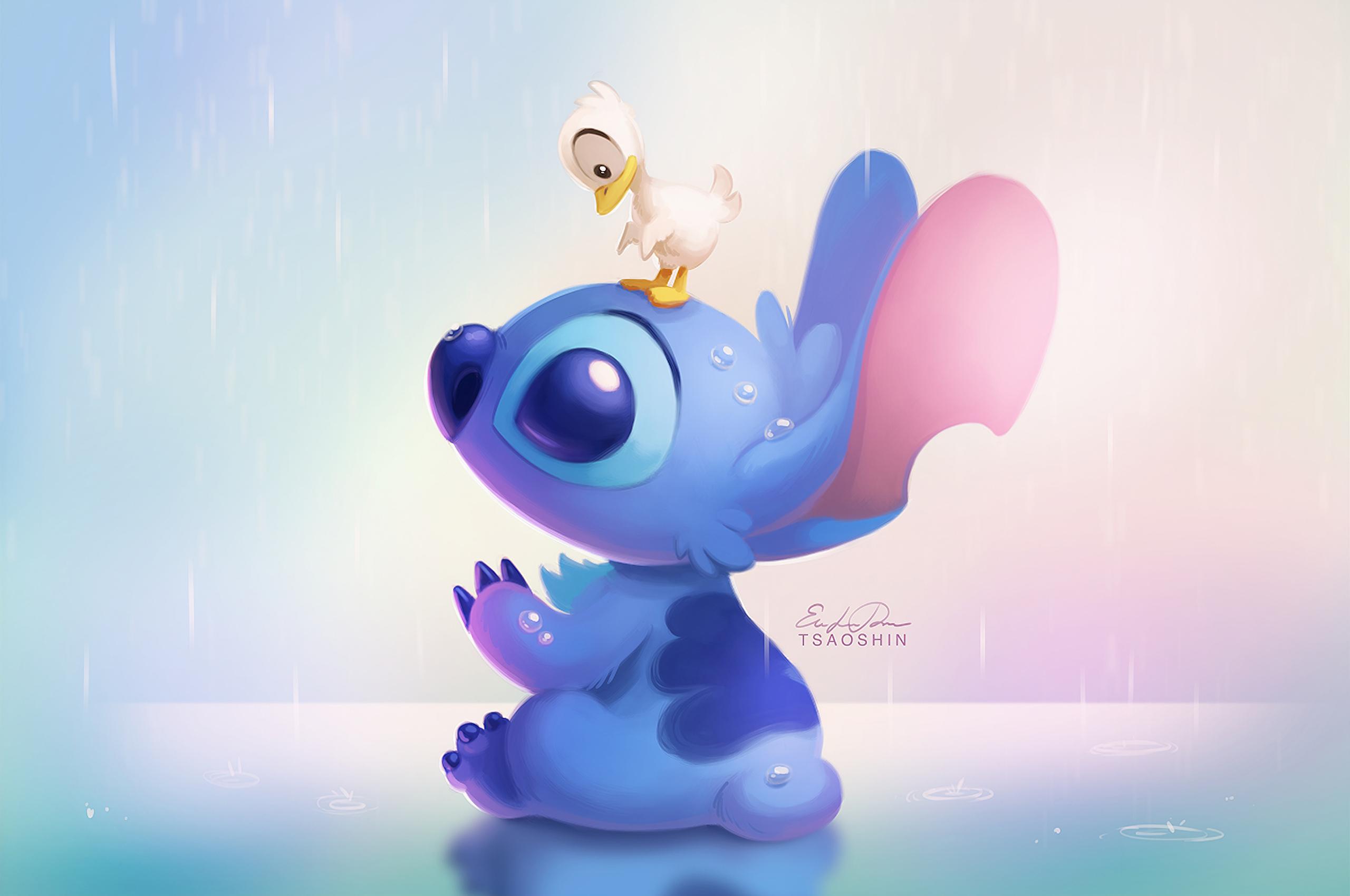Stitch, Ente, Regen, Pastell, Disney, 2K, Hintergrundbild für den PC