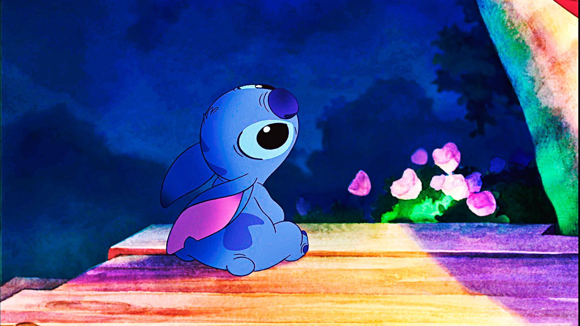Stitch, Nacht, Blumen, Steg, Blau, Full HD 1080p, Desktop-Hintergrundbild