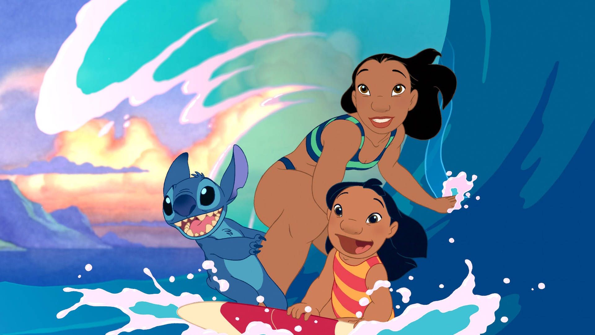 Lilo, Nani, Stitch, Lilo & Stitch, Surfen, Welle, 16:9, Full-HD-Hintergrundbild für den Desktop
