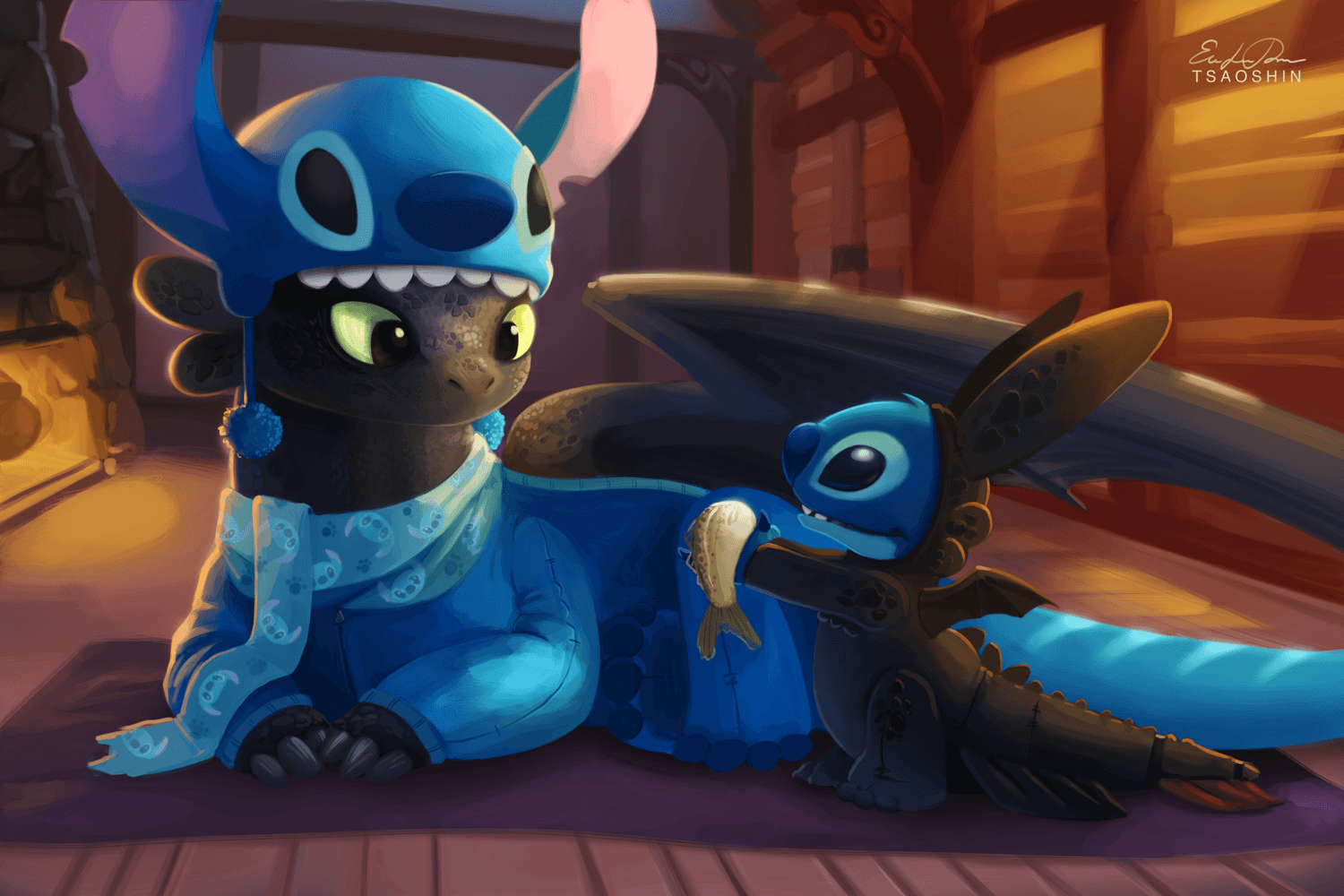 Stitch, Ohnezahn, Drachenzähmen leicht gemacht, Kostümtausch, Fan-Art, Crossover, HD-Hintergrund