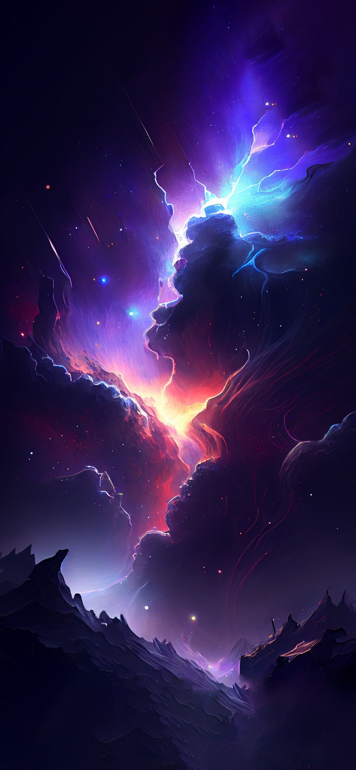Kosmischer Nebel, Berge, Lila Himmel, Fantasy, Leuchten, Android-Hintergrundbild
