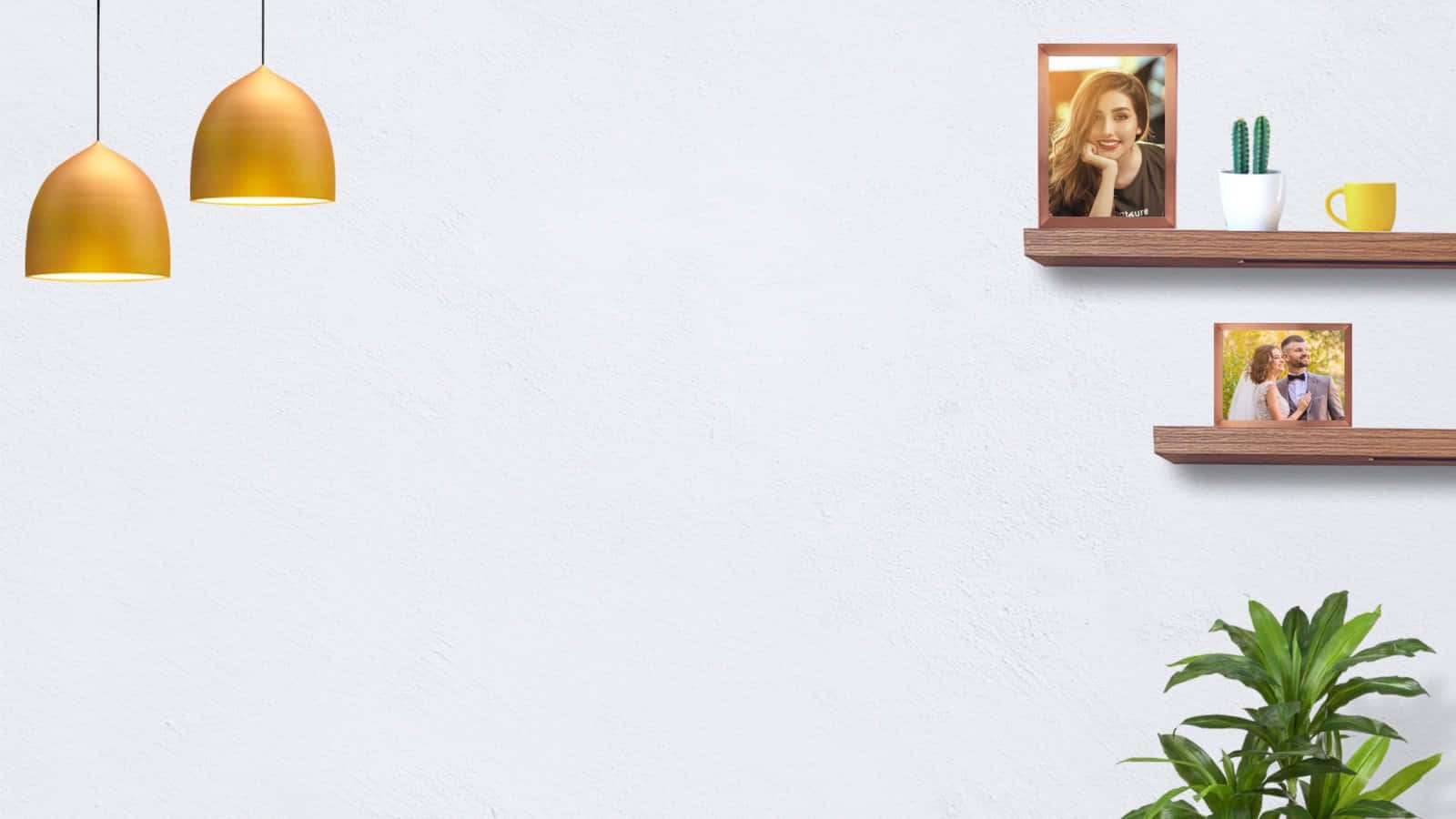 Wandregale, Bilderrahmen, Pendelleuchten, Weiße Wand, Zimmerpflanze, HD, PC-Hintergrundbild