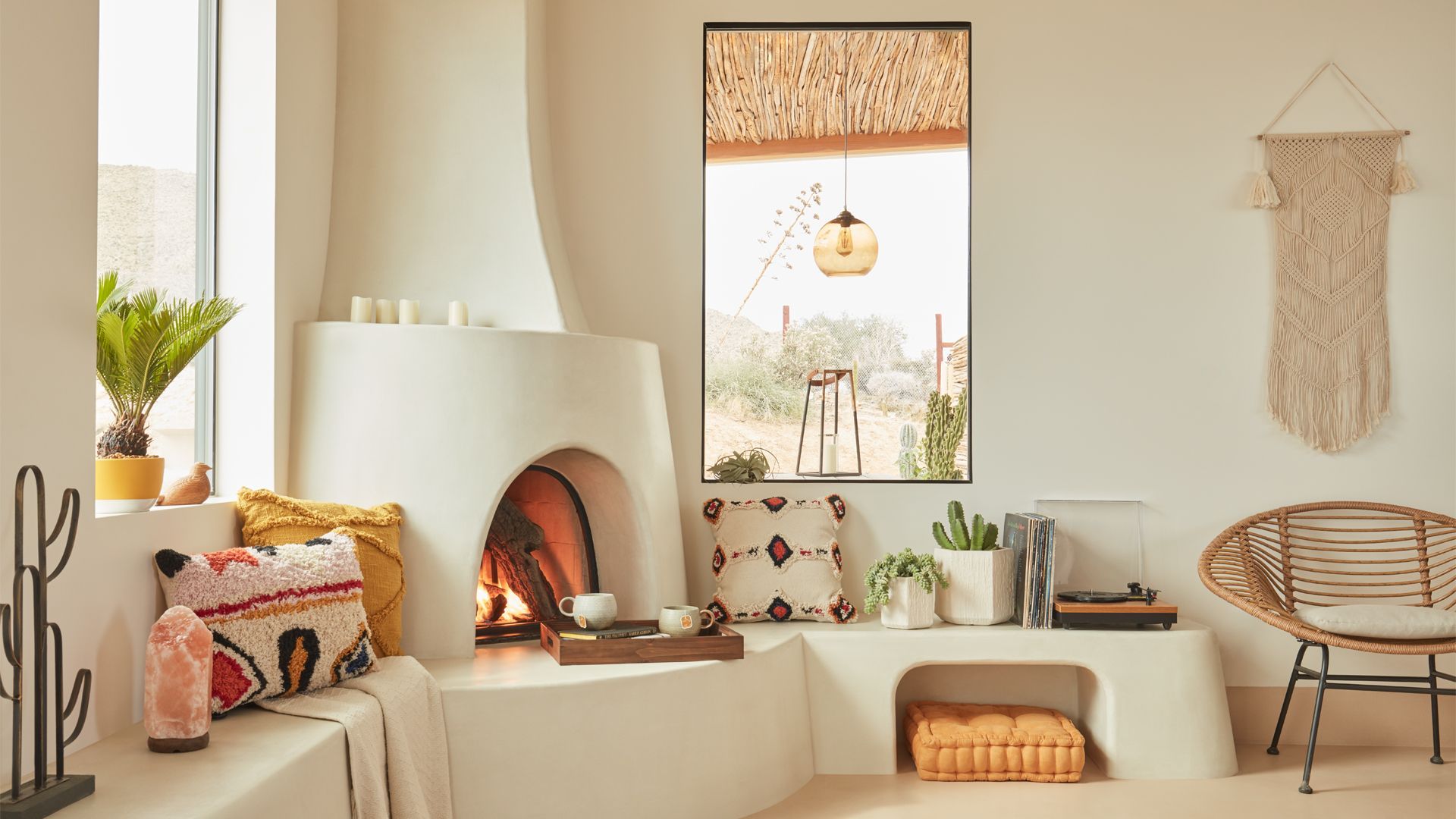 Kamin, Wohnzimmer, Adobe-Stil, Boho, Interieur, 16:9, Full-HD-Hintergrundbild für den Desktop