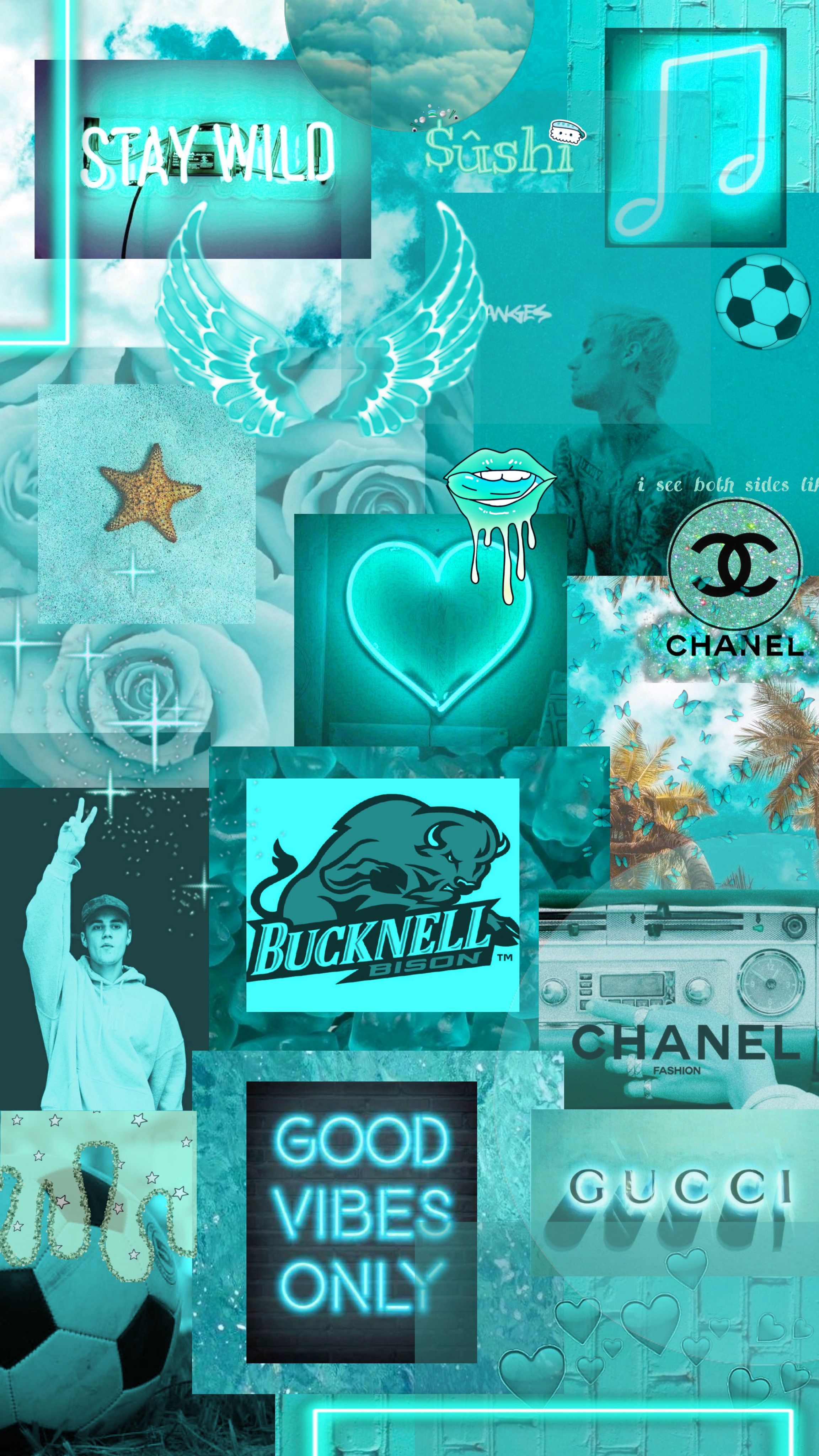 Collage, Chanel, Good Vibes Only, Herz, Blaugrün, QHD+, Handy-Hintergrund im Hochformat