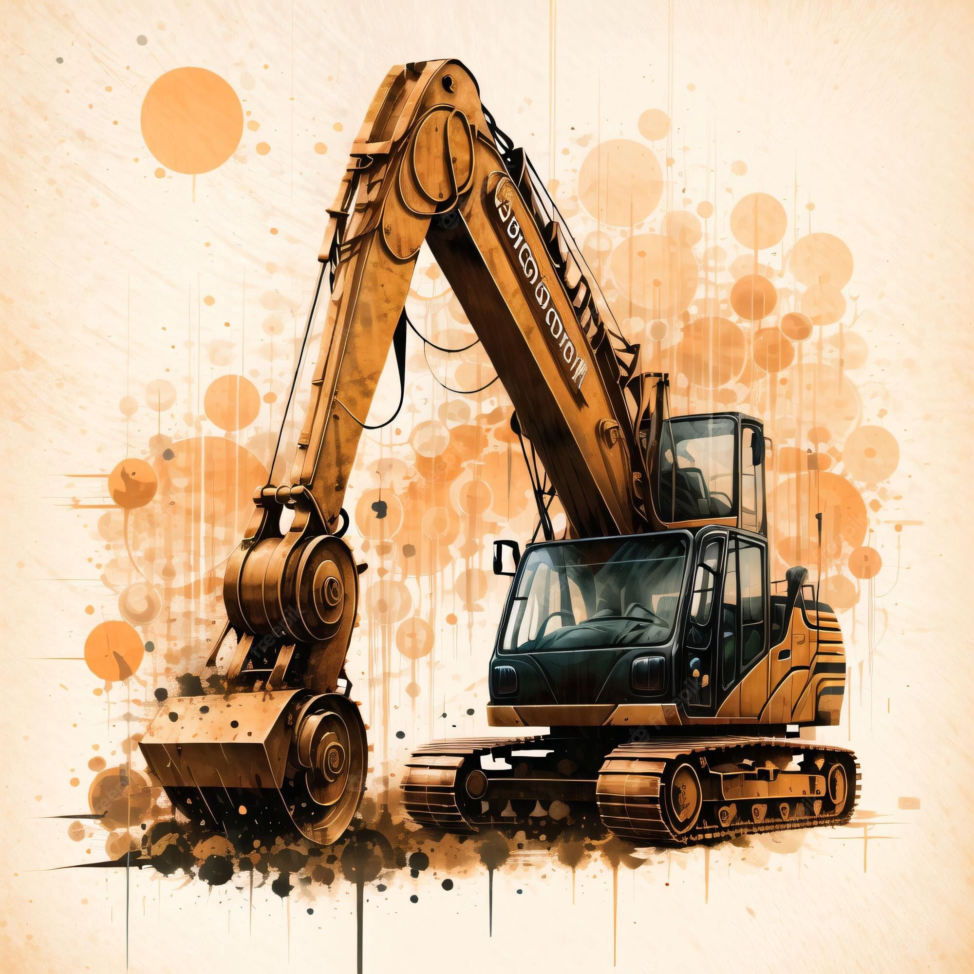Kettenbagger, Baumaschine, Aquarell, Farbspritzer, Orange, Illustration, Hintergrundbild fürs Tablet