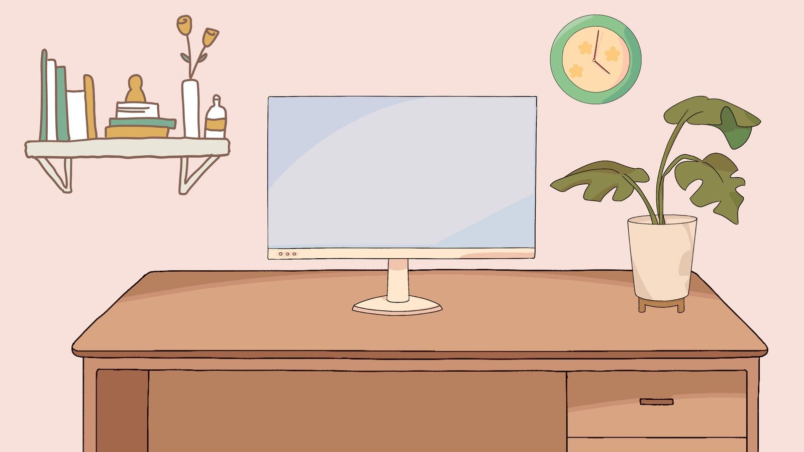 Schreibtisch, Monitor, Zimmerpflanze, Illustration, Homeoffice, HD, PC-Hintergrundbild