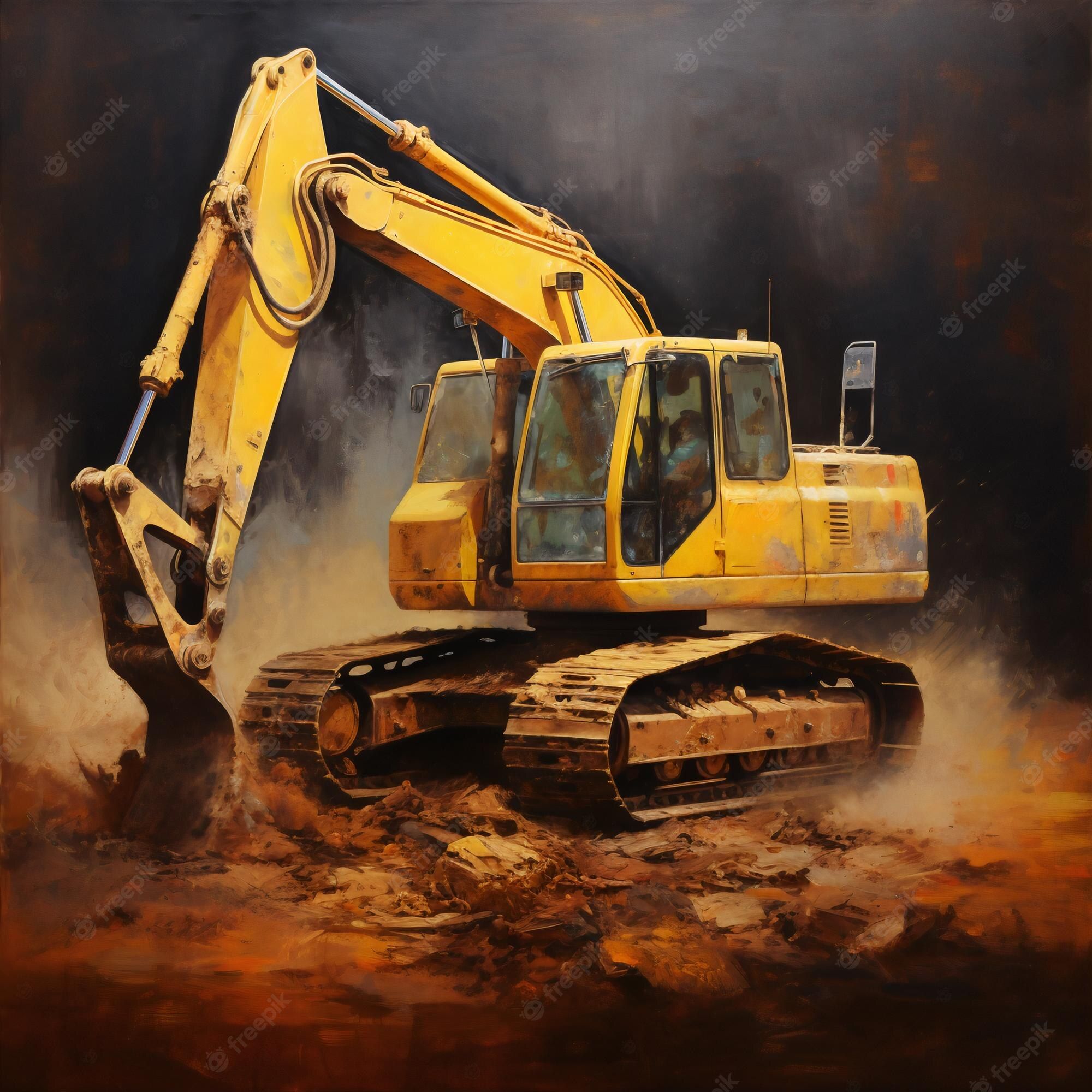 Bagger, Raupenbagger, Baustelle, Staub, Dunkler Hintergrund, Gelb, Full HD Wallpaper