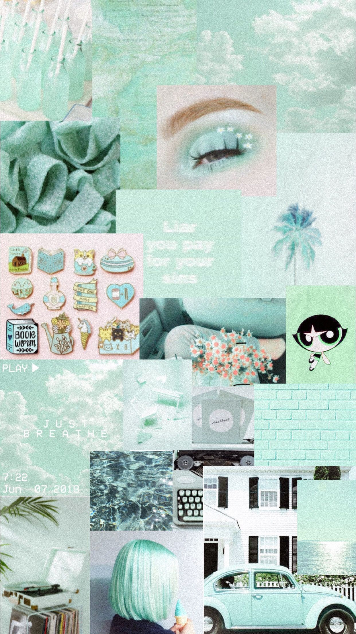 Collage, Powerpuff Girls, Pastell, Minze, Full HD, Hintergrundbild fürs Handy