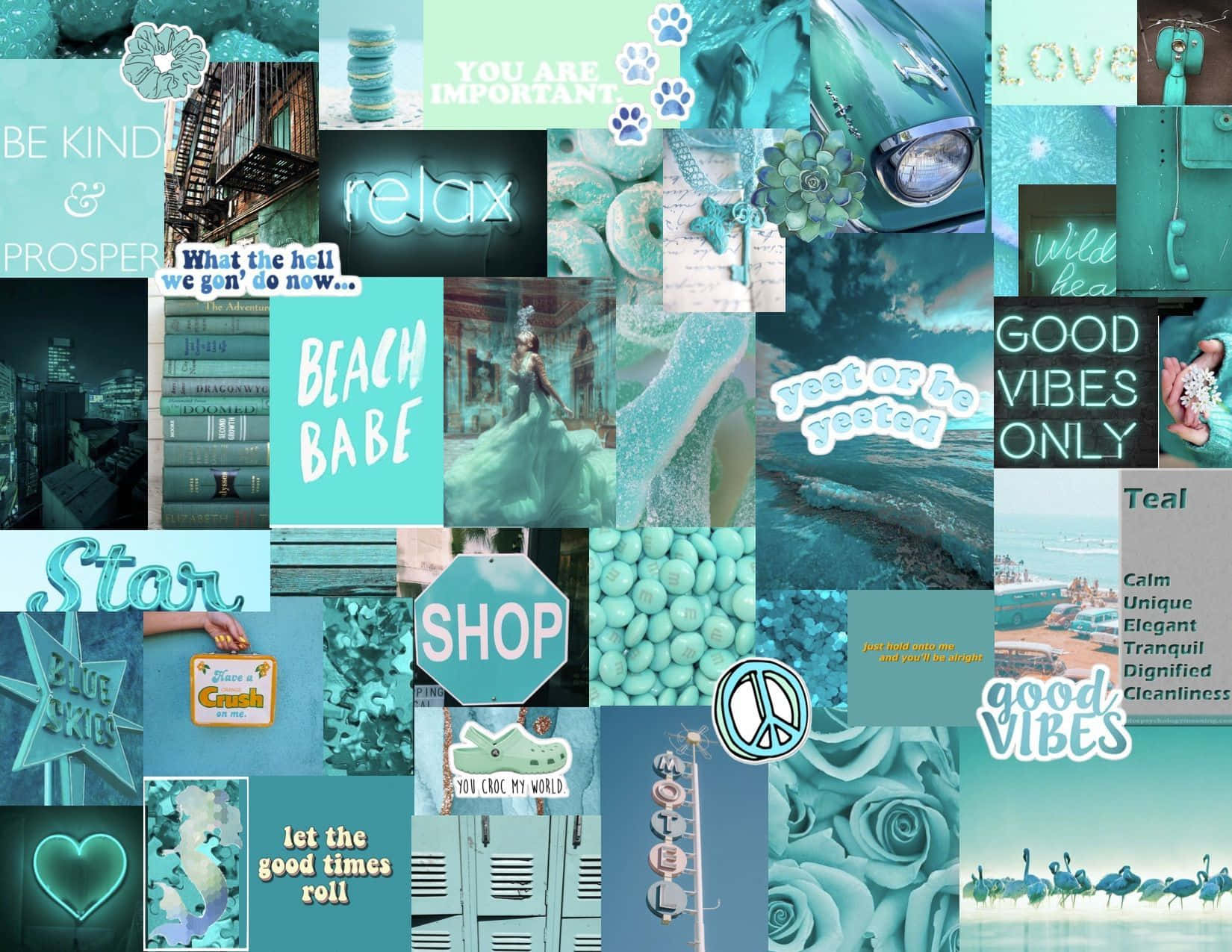 Collage, Good Vibes Only, Beach Babe, Neonschrift, Türkis Ästhetik, HD, PC-Hintergrundbild