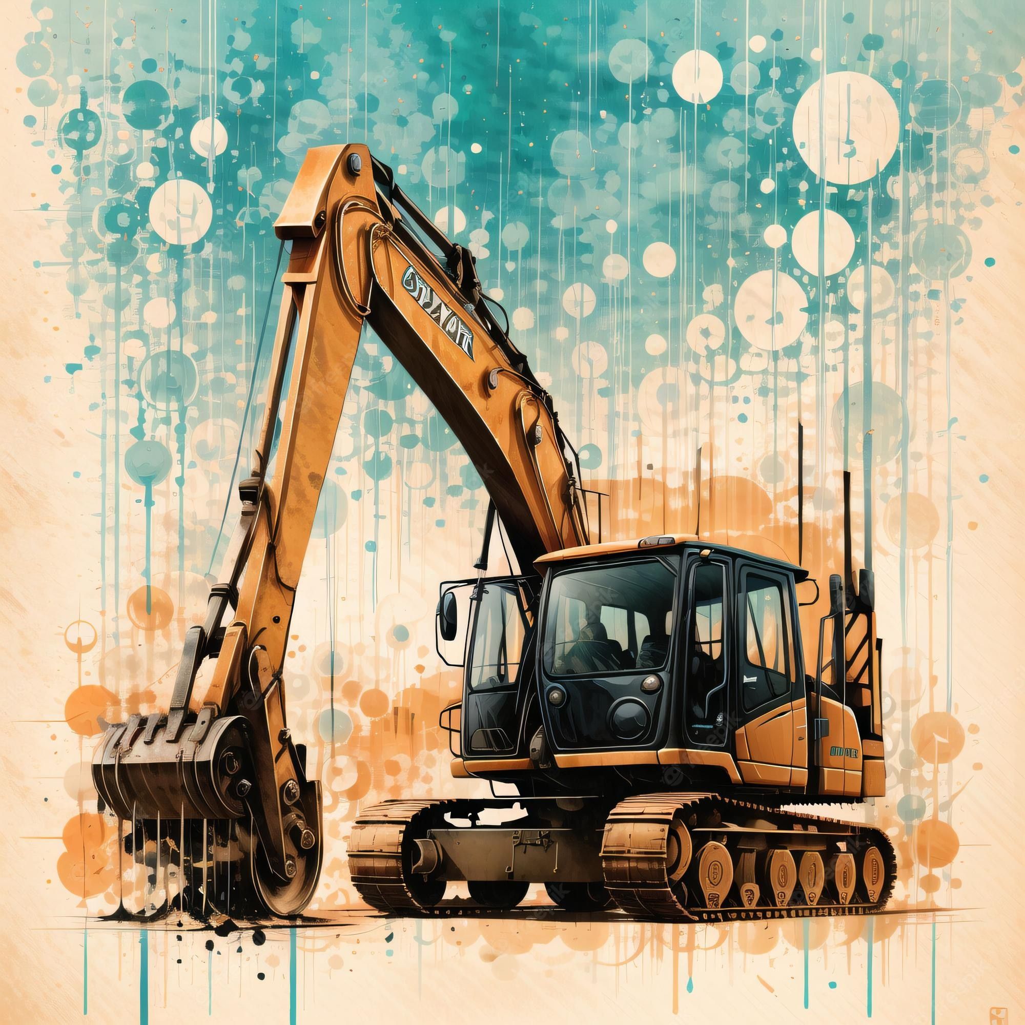 Kettenbagger, Baumaschine, Aquarell, Türkis, Farbtropfen, Kunst, Hintergrundbild fürs iPad