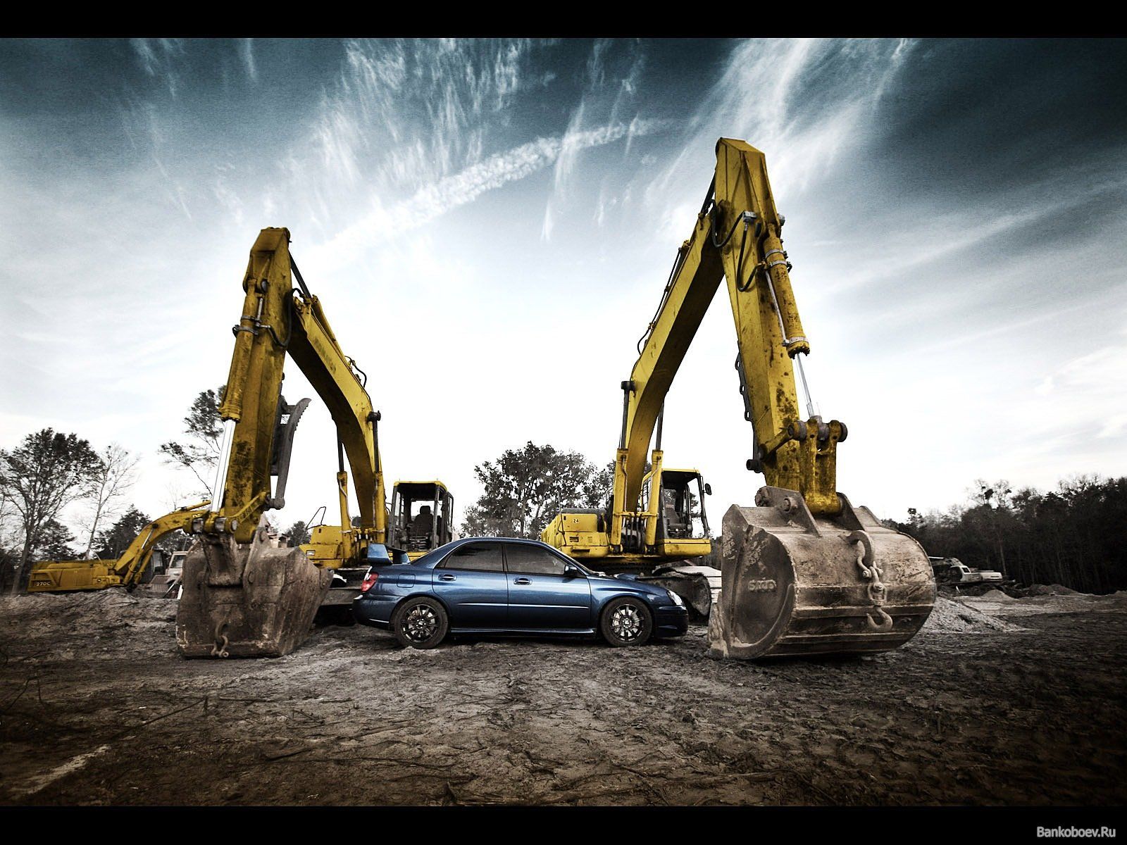 Bagger, Zwei Bagger, Auto, Dramatischer Himmel, Baumaschinen, Gelb, HD, Tablet-Hintergrund