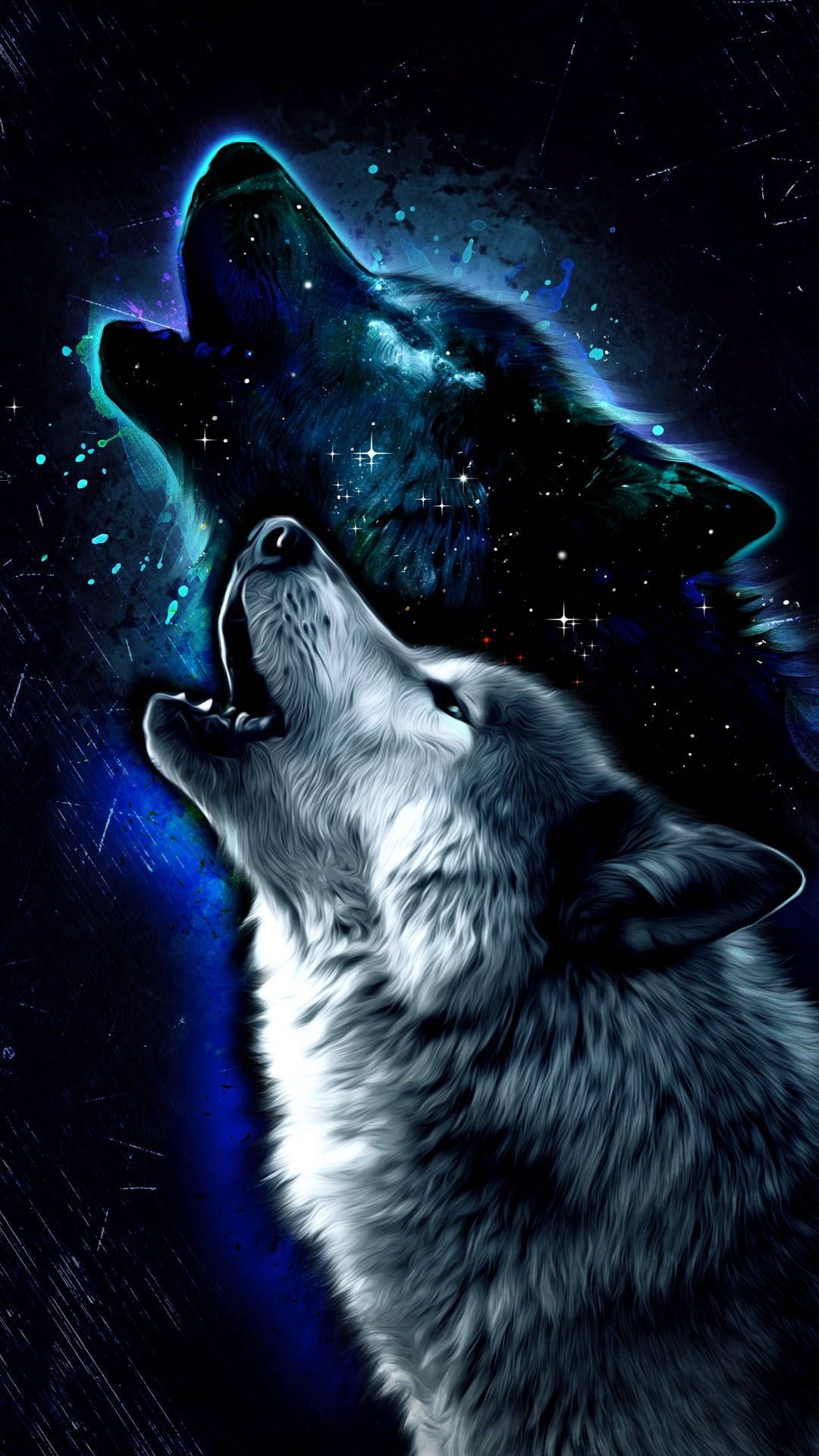Heulender Wolf, Sternenhimmel, Digitale Kunst, Blau, Nacht, Full HD, Handy-Hintergrundbild