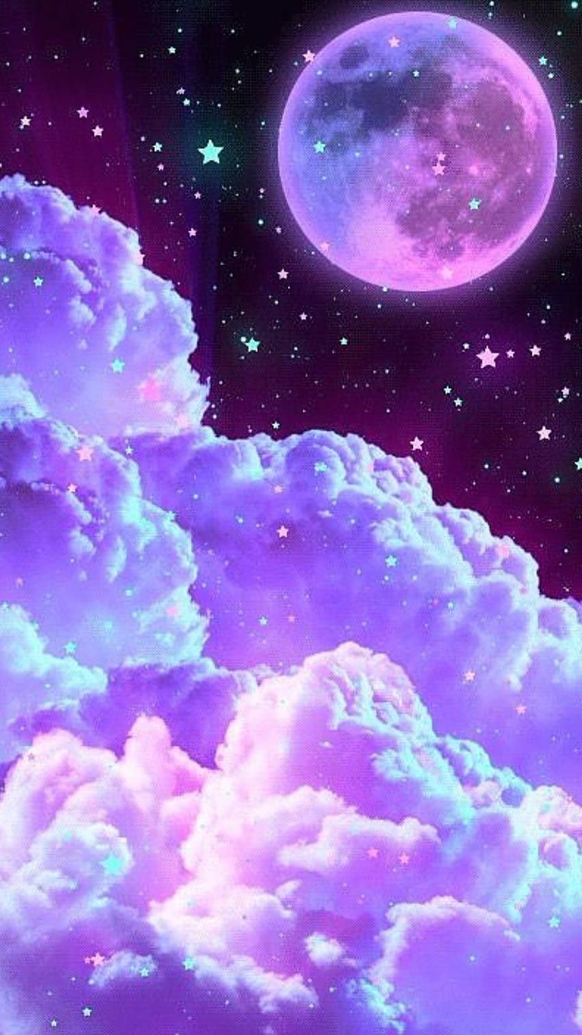 Mond, Rosa Wolken, Sterne, Pastell, Traumhaft, Lila, Hintergrundbild für iPhone und Android