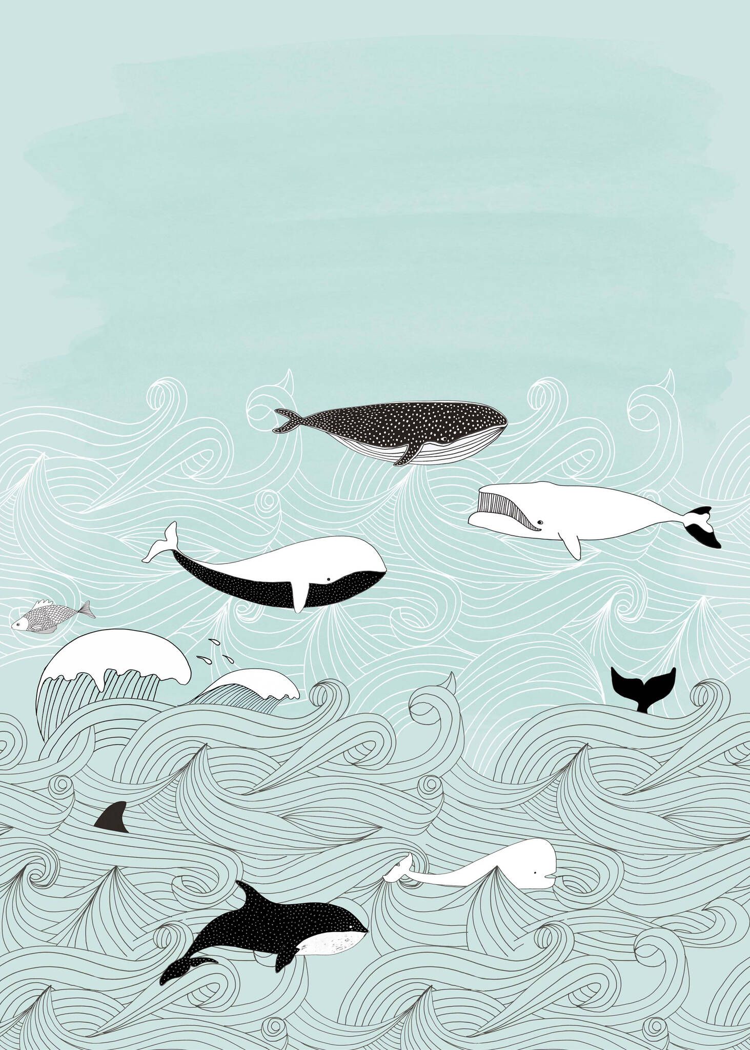Wale, Delfine, Wellen, Illustration, Pastell, QHD+, Hintergrundbild fürs Tablet