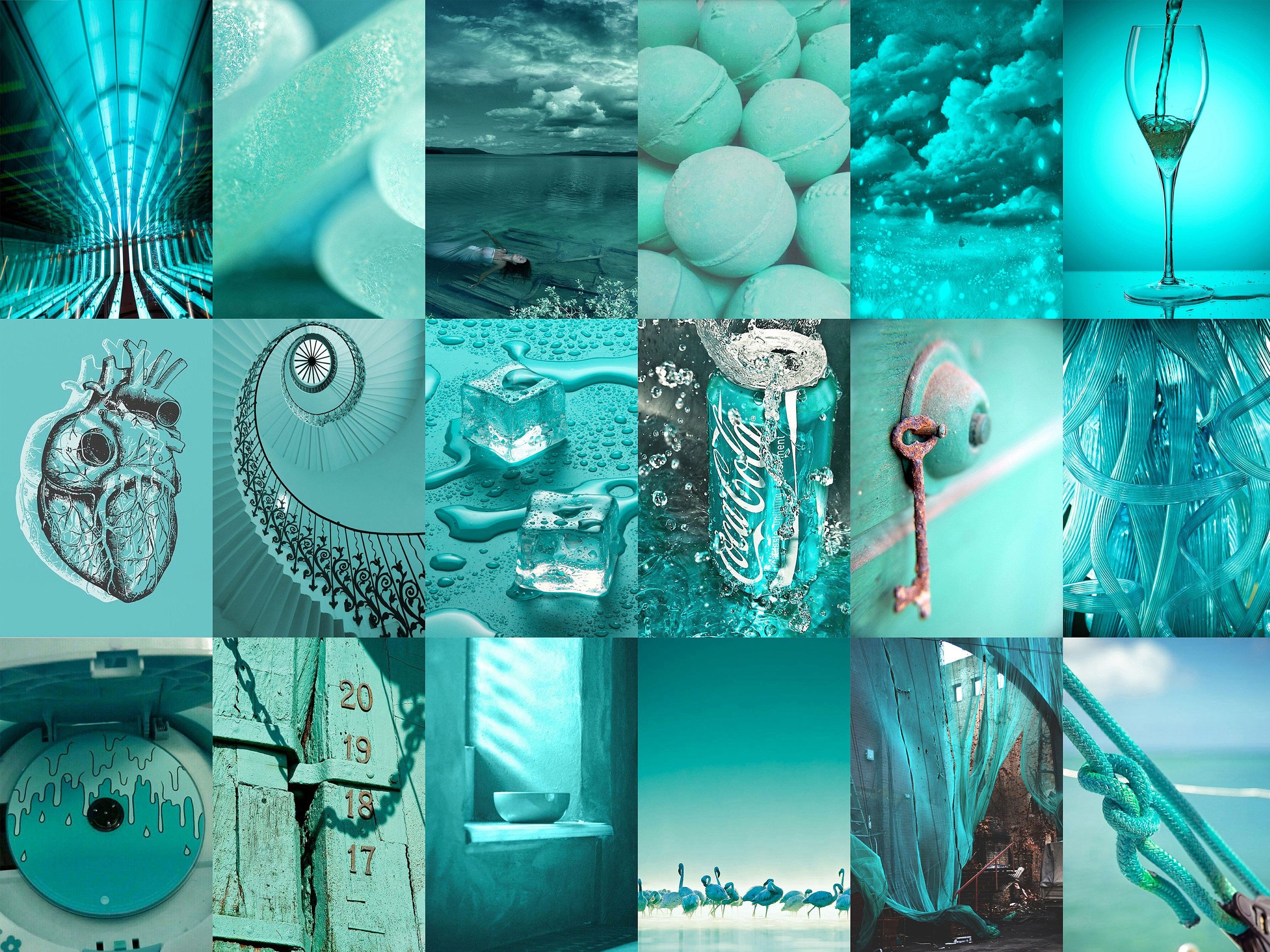 Collage, Anatomisches Herz, Retro, Ästhetik, Blaugrün, 2K, Hintergrundbild fürs Tablet
