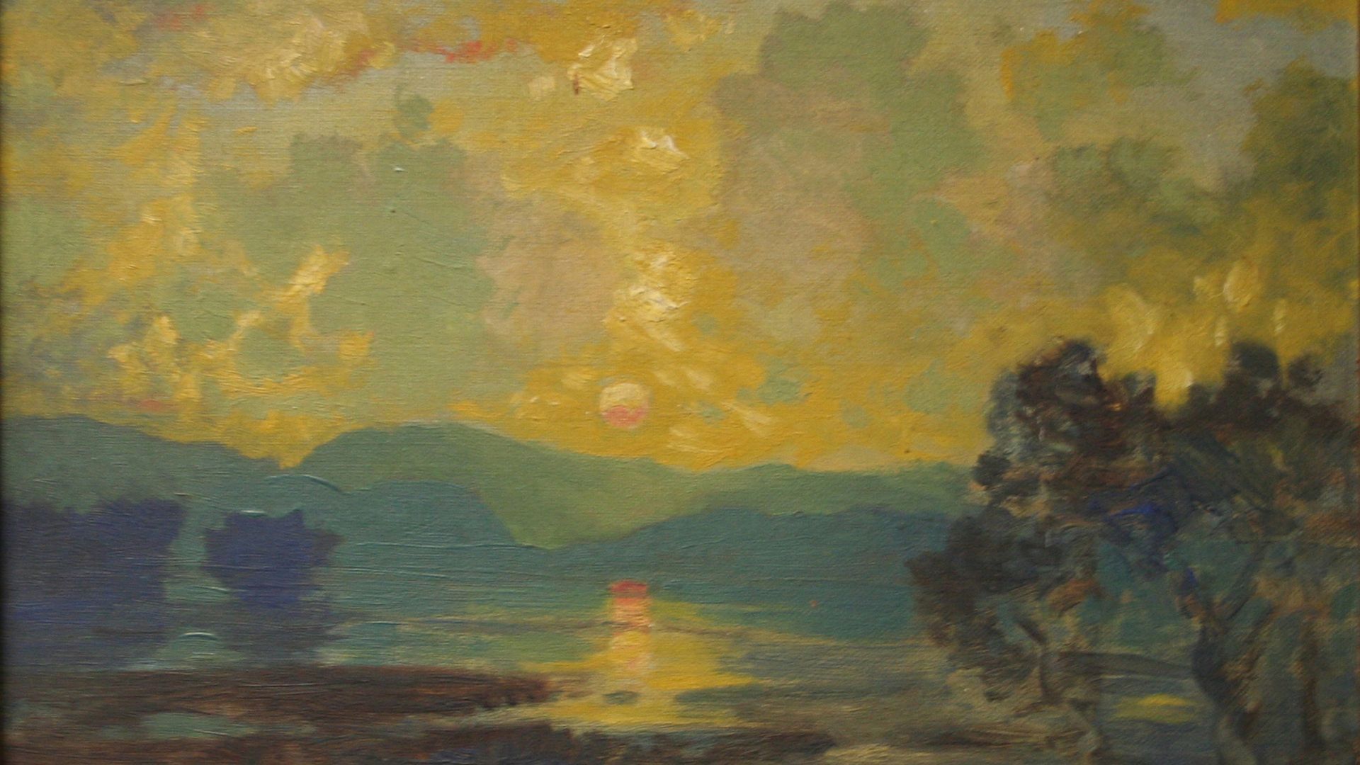 Landschaftsgemälde, Fluss, Sonnenuntergang, Ölgemälde, Impressionismus, 1920x1080, PC-Hintergrundbild