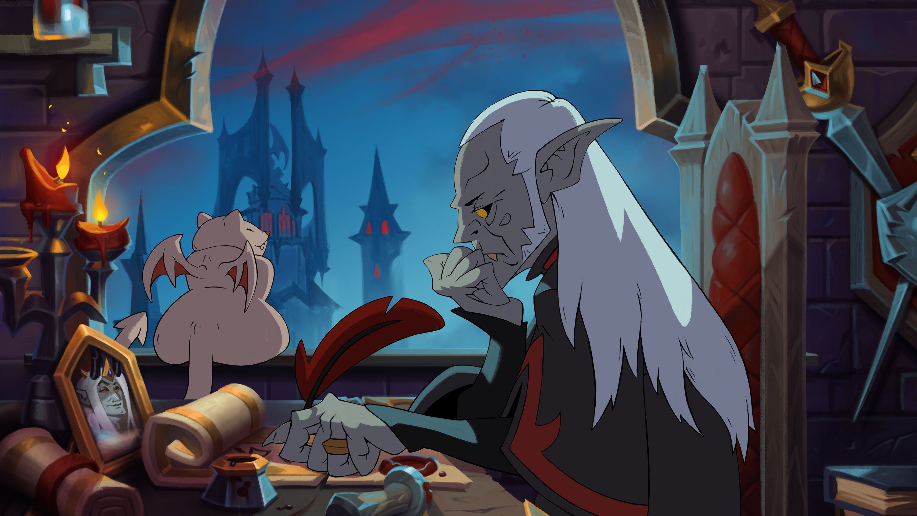 Venthyr, Shadowlands, Cartoon, Gotisches Zimmer, Schreibtisch, 3840x2160, Desktop-Hintergrund