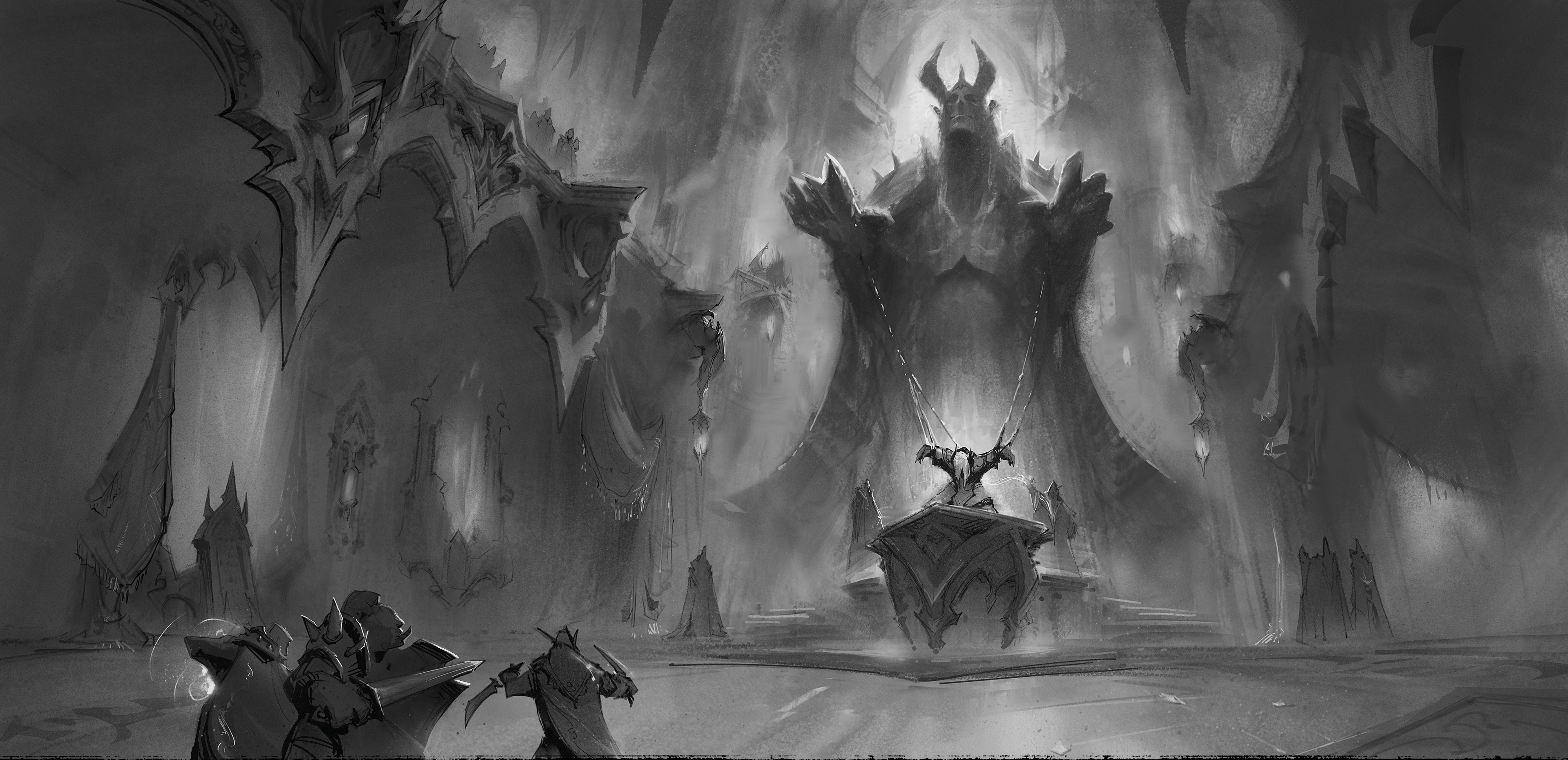 Der Schlund, Shadowlands, Skizze, Schwarz-Weiß, Konzeptkunst, 6K-Hintergrundbild für PC
