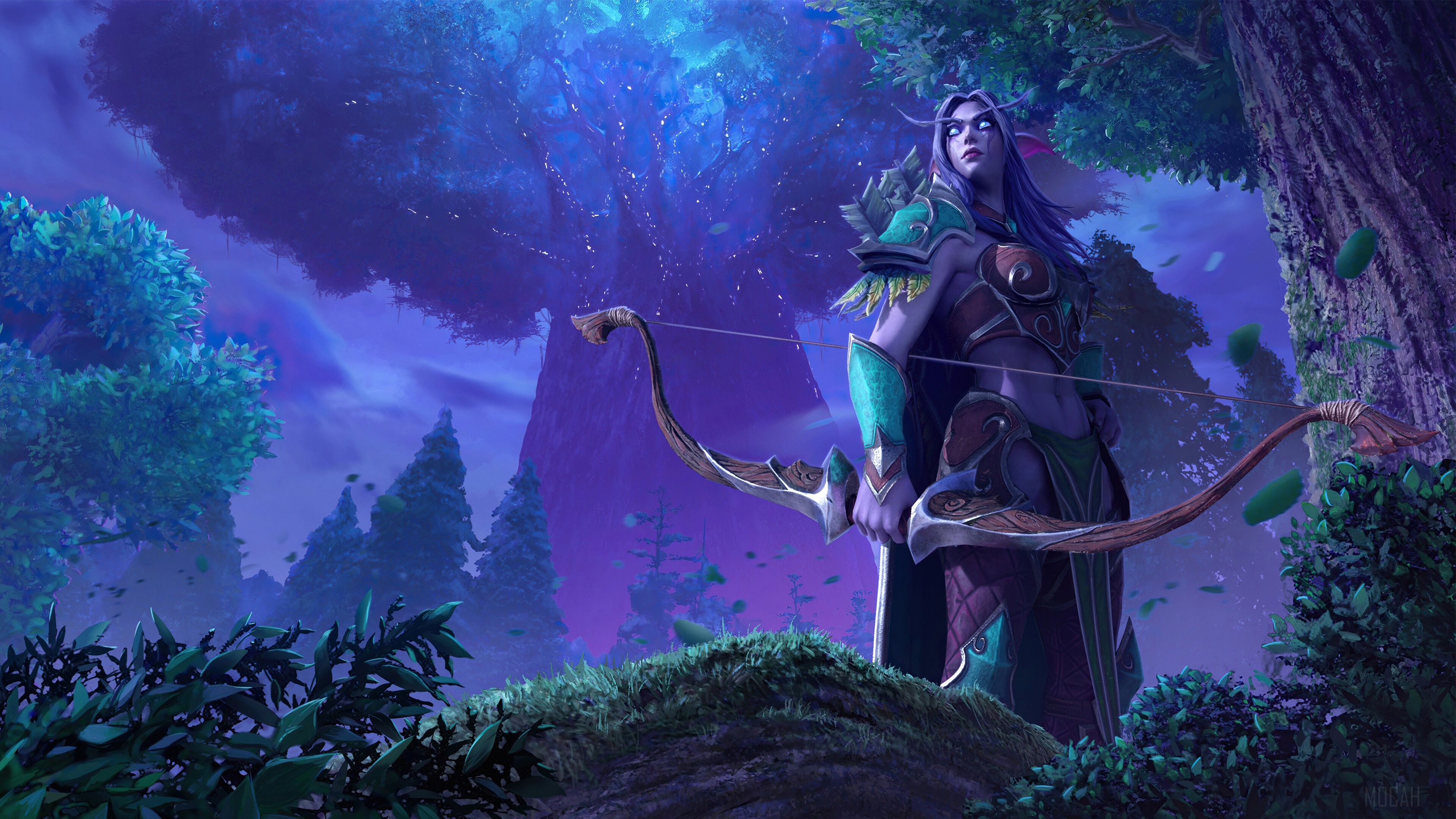 Nachtelfe, Bogenschützin, World of Warcraft, Wald, Lila Töne, 4K, Windows-Hintergrundbild