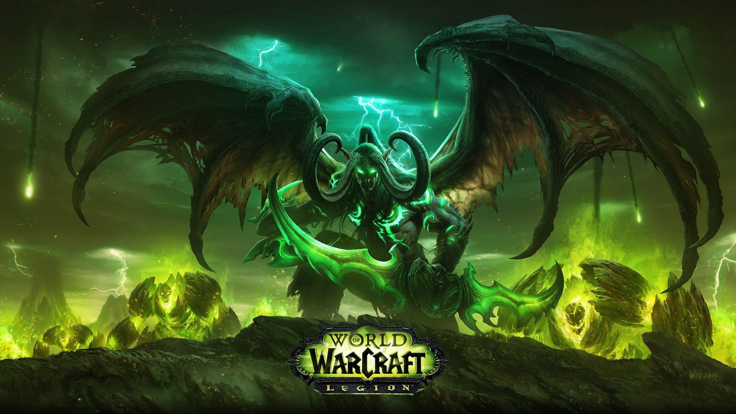 Illidan Sturmgrimm, Legion, World of Warcraft, Dämonenjäger, Grünes Feuer, 2560x1440, PC-Hintergrundbild