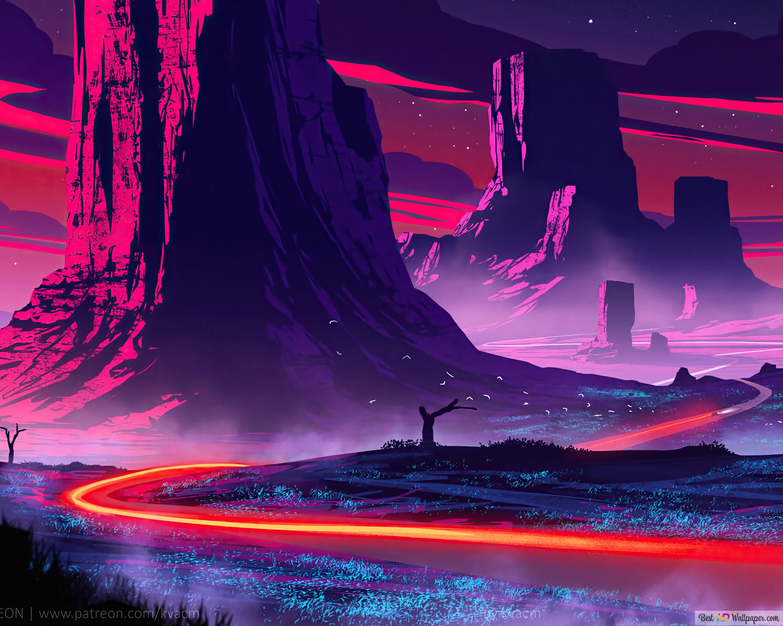 Fantasy-Landschaft, Neon, Felsen, Pink, Lila, Digitale Kunst, 2K, Windows-Hintergrundbild
