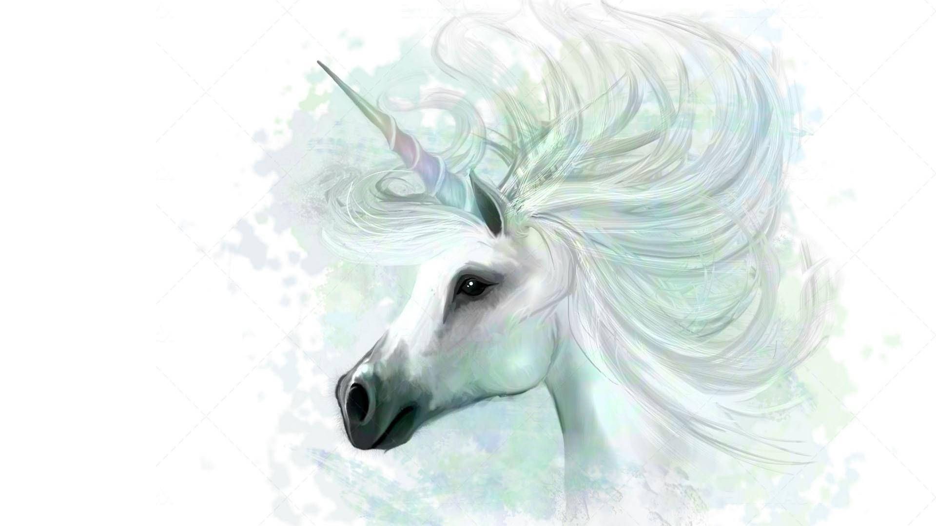 Einhorn, Weiße Mähne, Aquarell, Porträt, Fantasy-Kunst, 16:9, Full-HD-Hintergrundbild für den Desktop