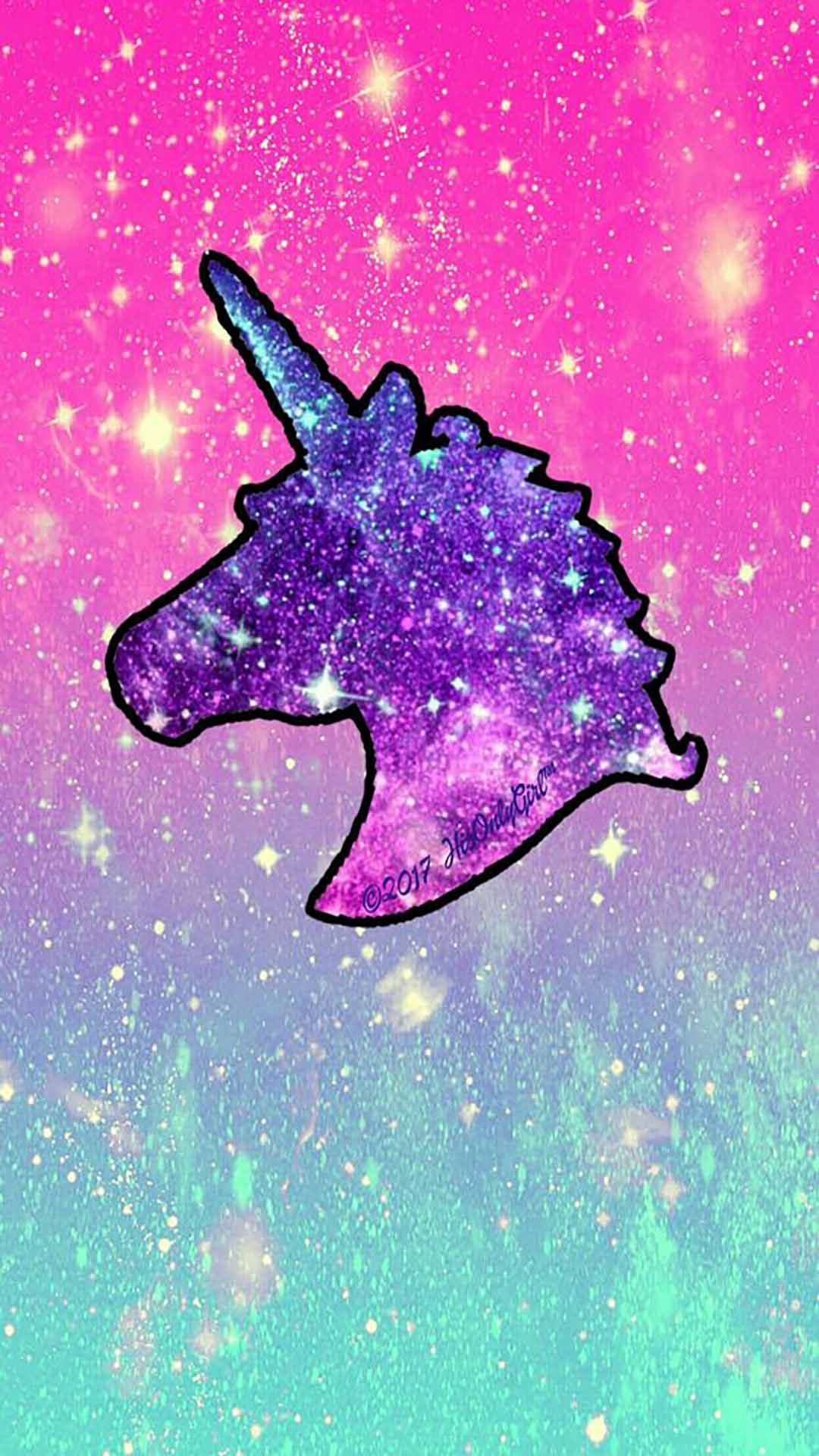 Einhorn-Silhouette, Galaxie, Glitzer, Pink-Türkis, Sterne, Full HD, Handy-Hintergrund