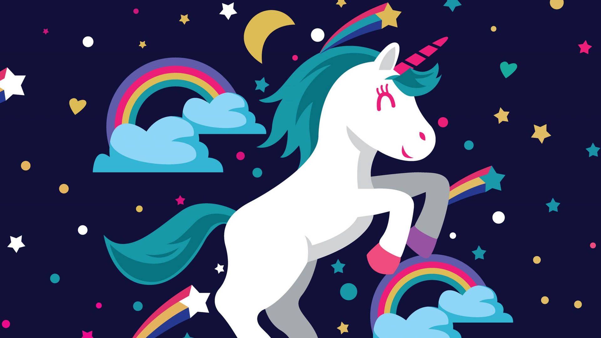 Einhorn, Regenbögen, Sternenhimmel, Mond, Cartoon, Full HD 1080p, Desktop-Hintergrundbild