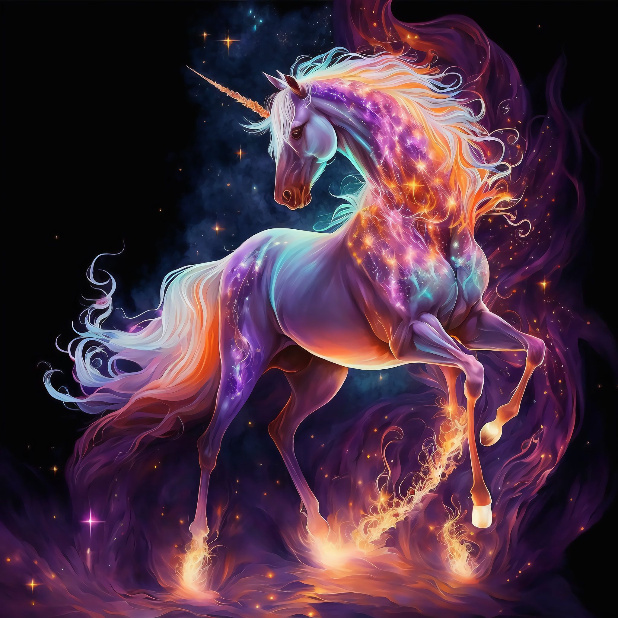Einhorn, Feuer, Kosmisch, Digitale Kunst, Fantasy, Hintergrundbild für iPad und Tablet
