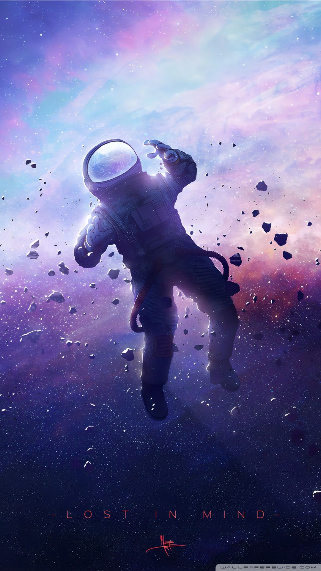 Astronaut, Weltraum, Lila Nebel, Schwerelosigkeit, Digitale Kunst, Hintergrundbild fürs Handy