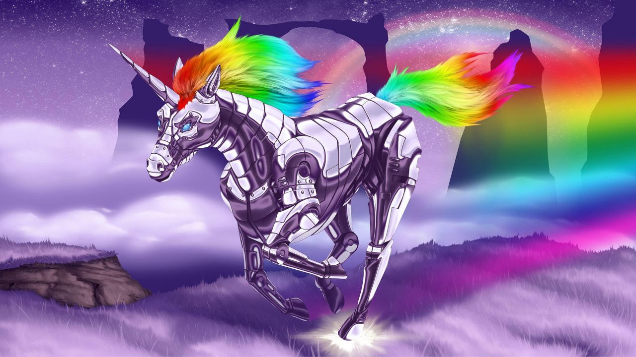 Roboter-Einhorn, Regenbogen, Metallisch, Digitale Kunst, Lila, HD, Breitbild-Hintergrundbild