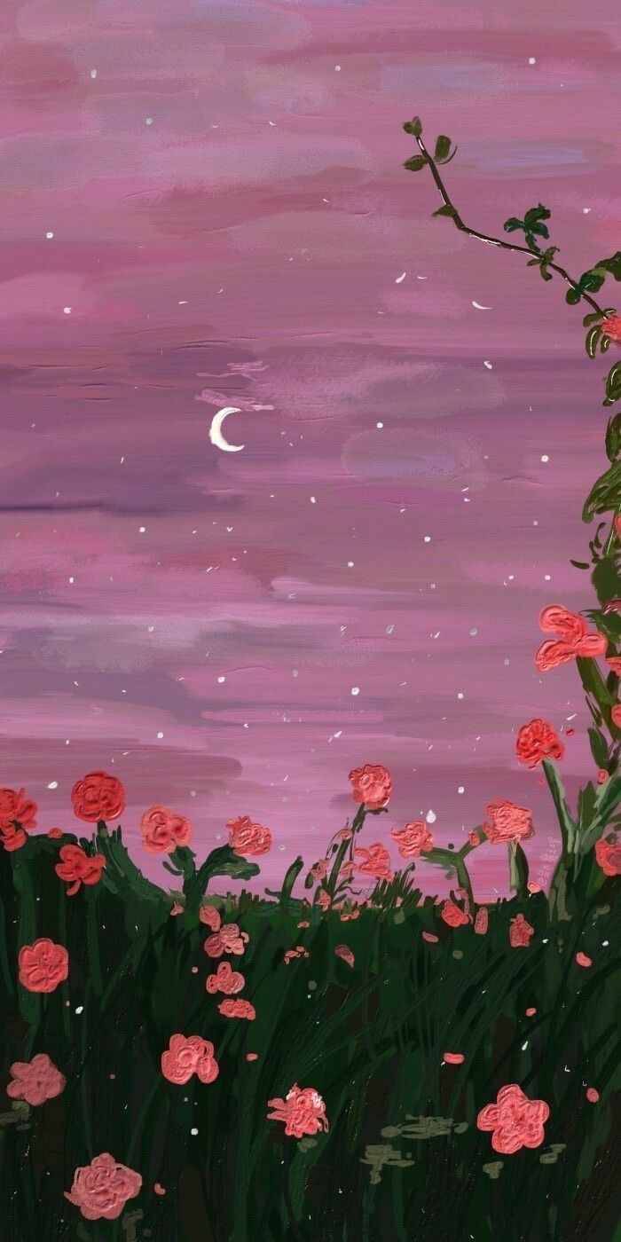 Rosen, Mondsichel, Rosa Himmel, Illustration, Abend, Hintergrundbild für iPhone und Android
