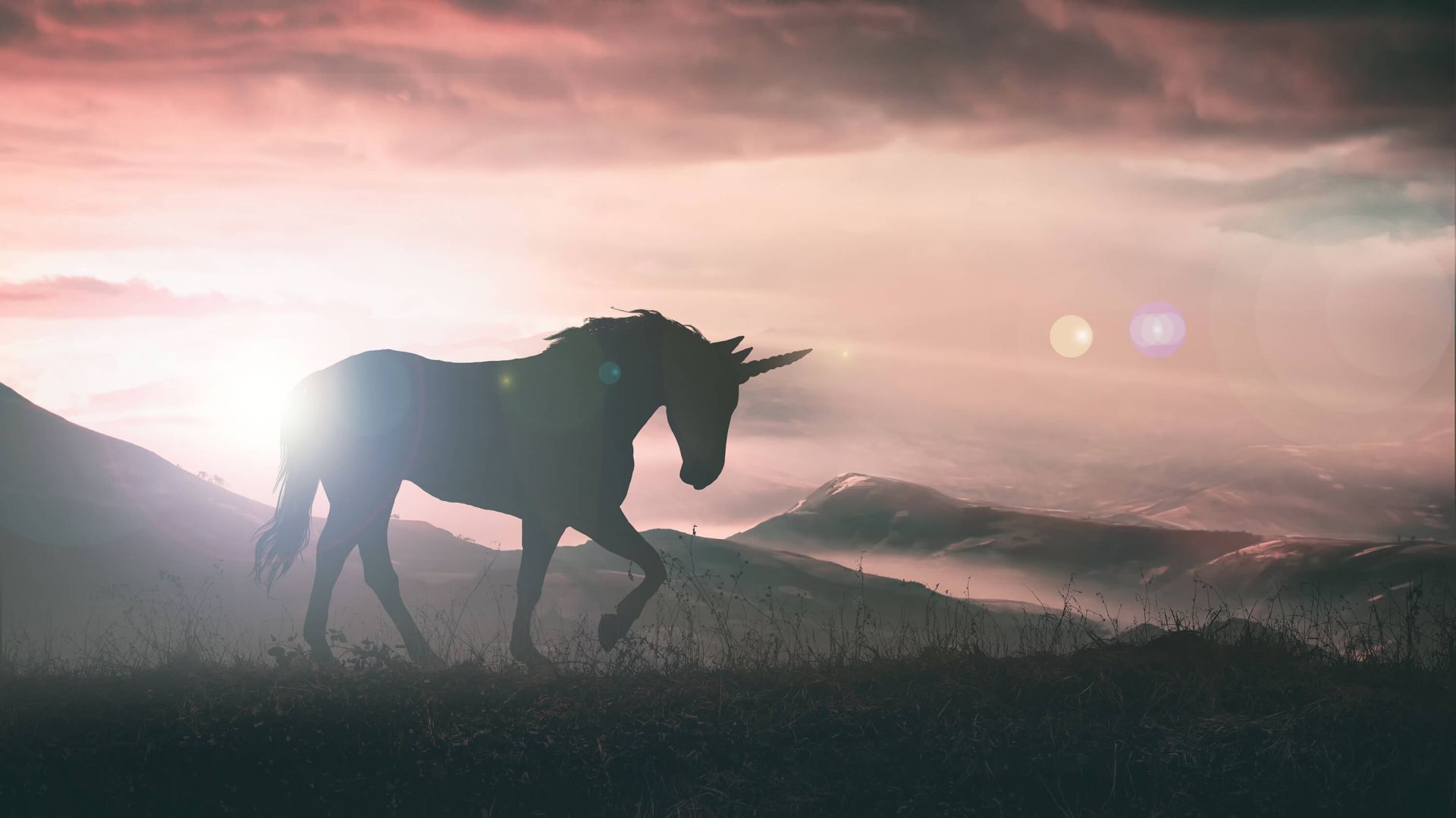 Einhorn-Silhouette, Sonnenuntergang, Berge, Gegenlicht, Hügel, Full HD, Breitbild-Hintergrundbild