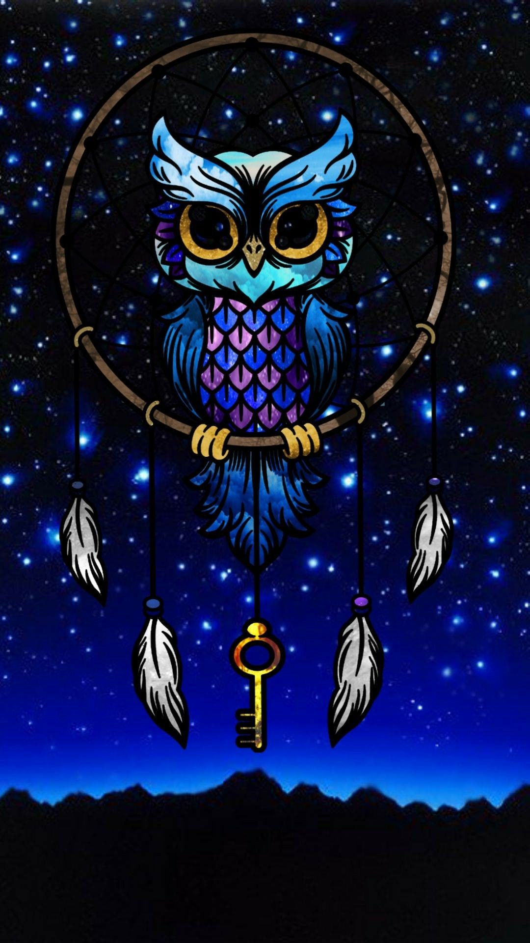 Eule, Traumfänger, Sternenhimmel, Federn, Blau, Illustration, Full HD, iPhone-Hintergrundbild