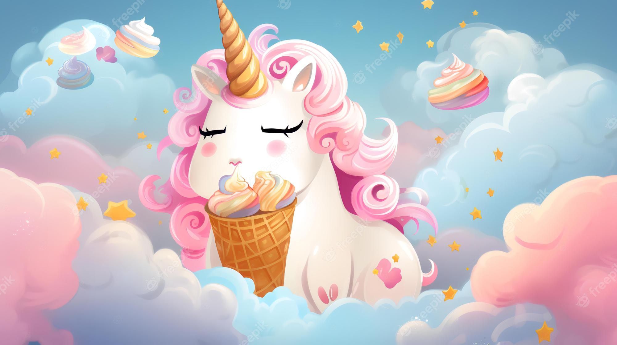 Einhorn, Eiswaffel, Wolken, Rosa Mähne, Kawaii, Digitale Kunst, Full HD, Laptop-Hintergrundbild