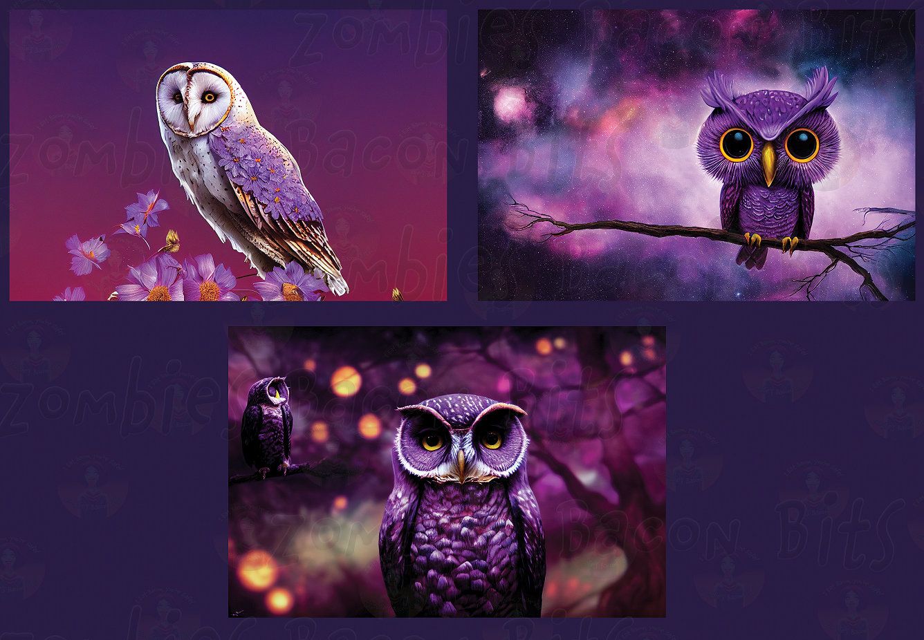 Eulen, Collage, Lila, Schleiereule, Fantasy, HD, Hintergrundbild für den PC