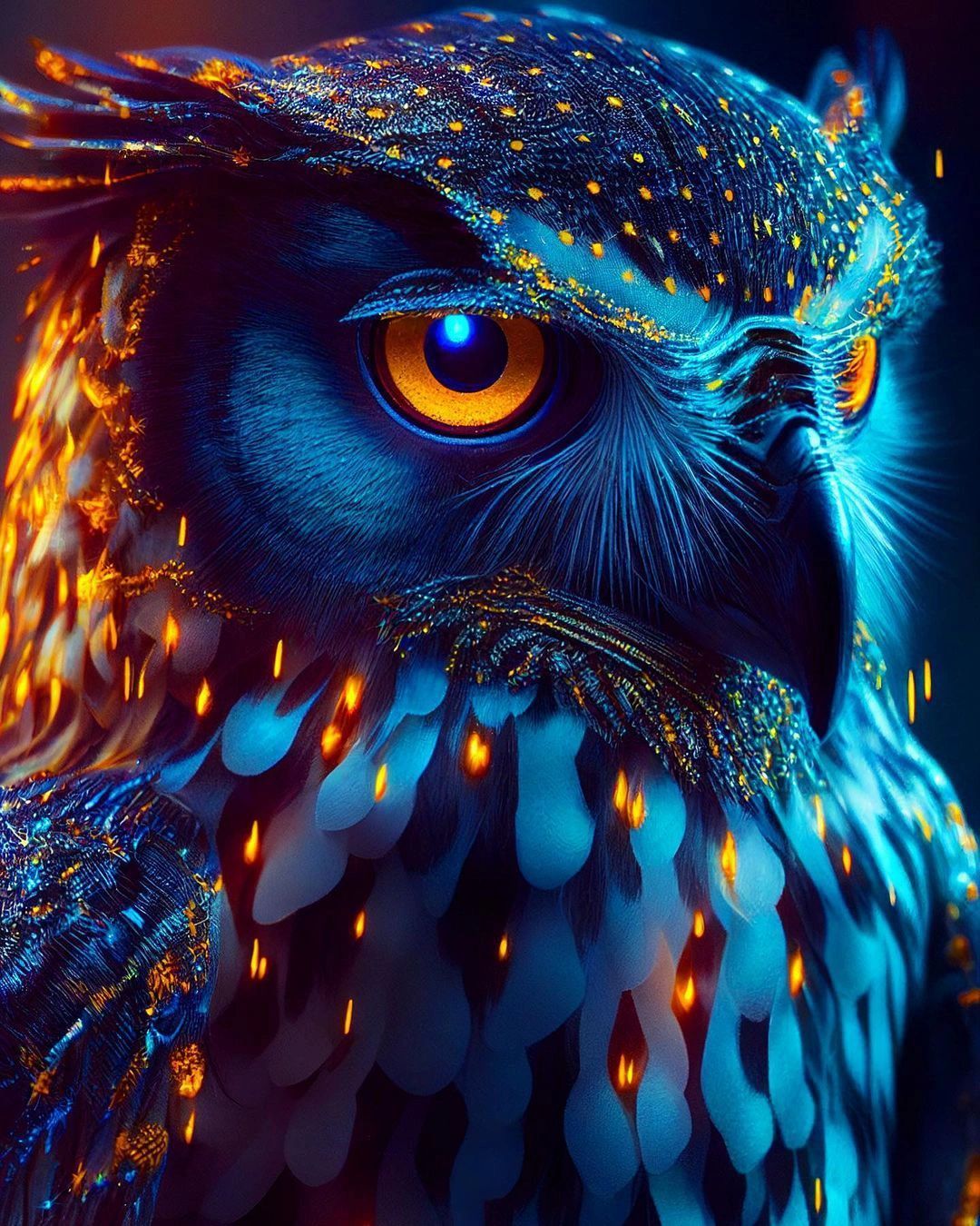 Eule, Digitale Kunst, Blau-Orange, Fantasy, Leuchtende Augen, Hintergrundbild fürs Tablet