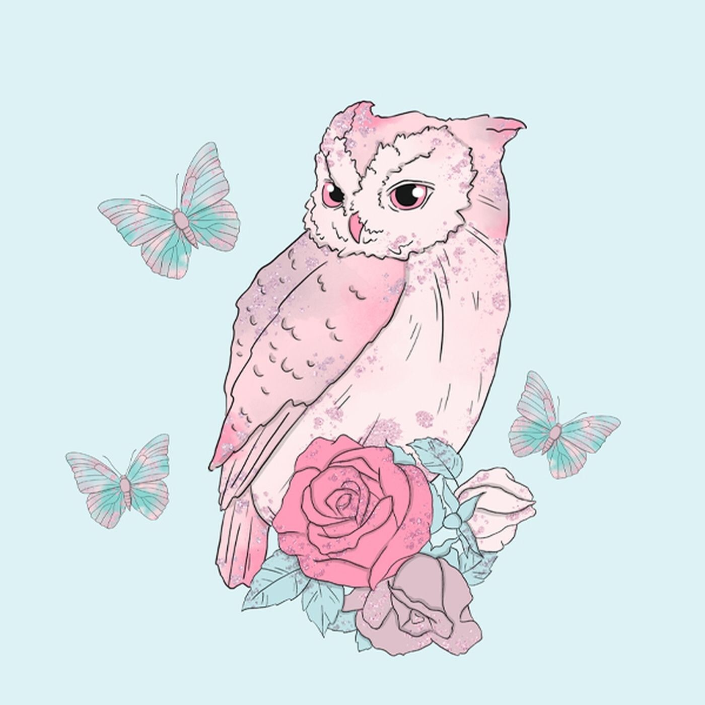 Eule, Rose, Schmetterlinge, Aquarell, Hellblau, HD, iPad-Hintergrundbild