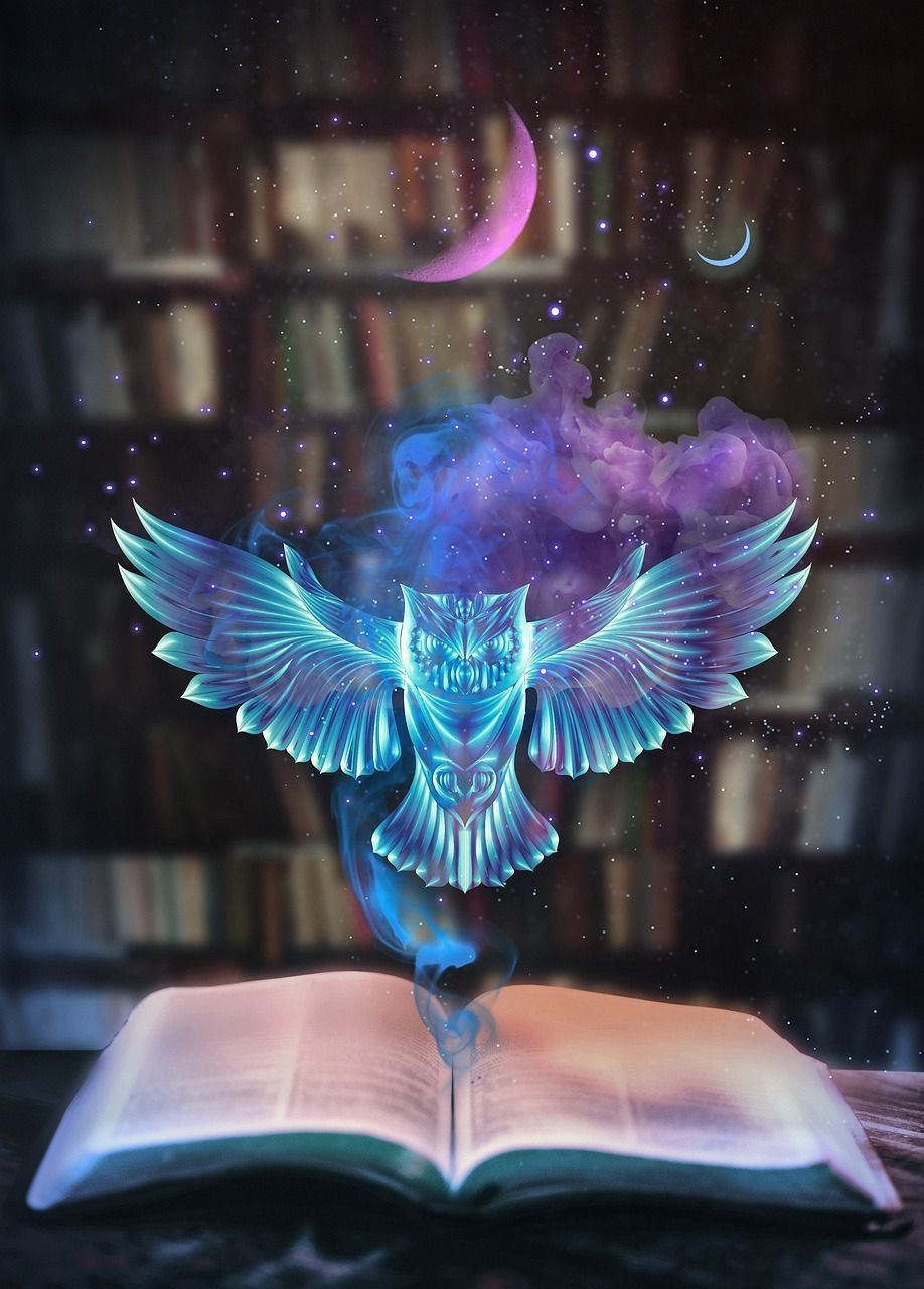 Magische Eule, Buch, Bibliothek, Mondsichel, Fantasy, Blau, Hintergrundbild fürs iPad