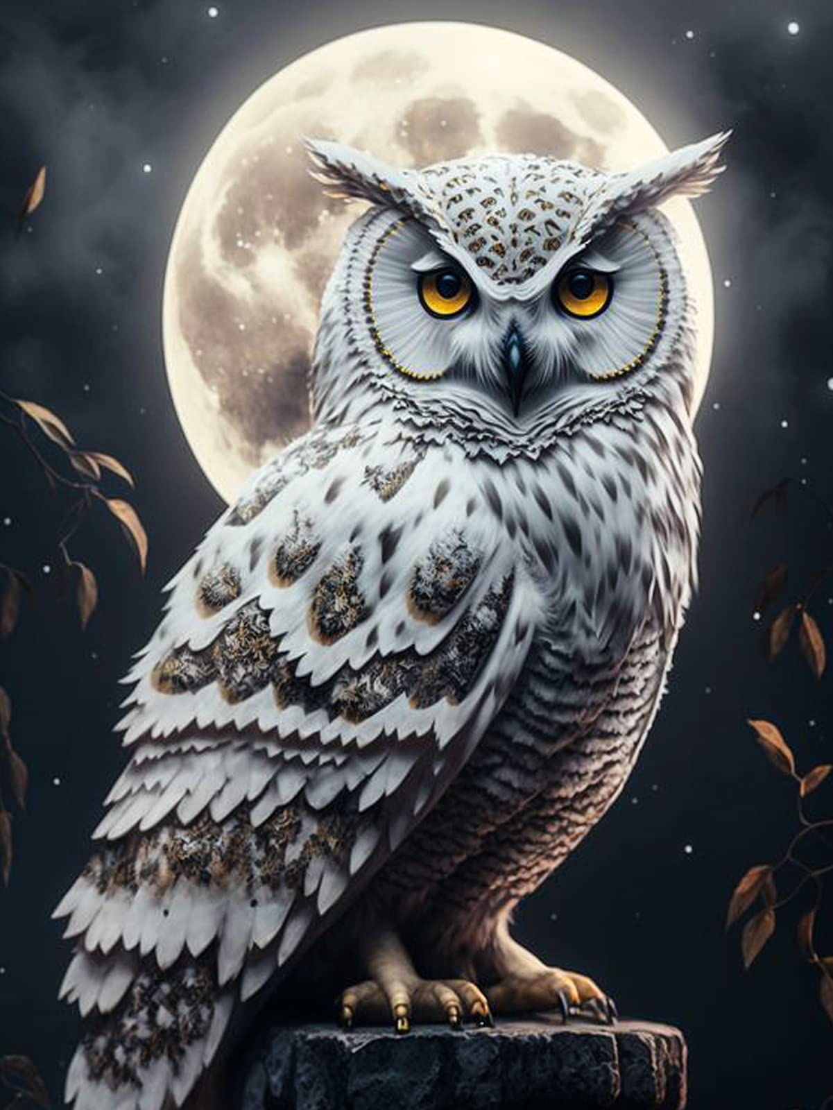 Schneeeule, Vollmond, Nacht, Gelbe Augen, Digitale Kunst, Full HD, iPad-Hintergrundbild
