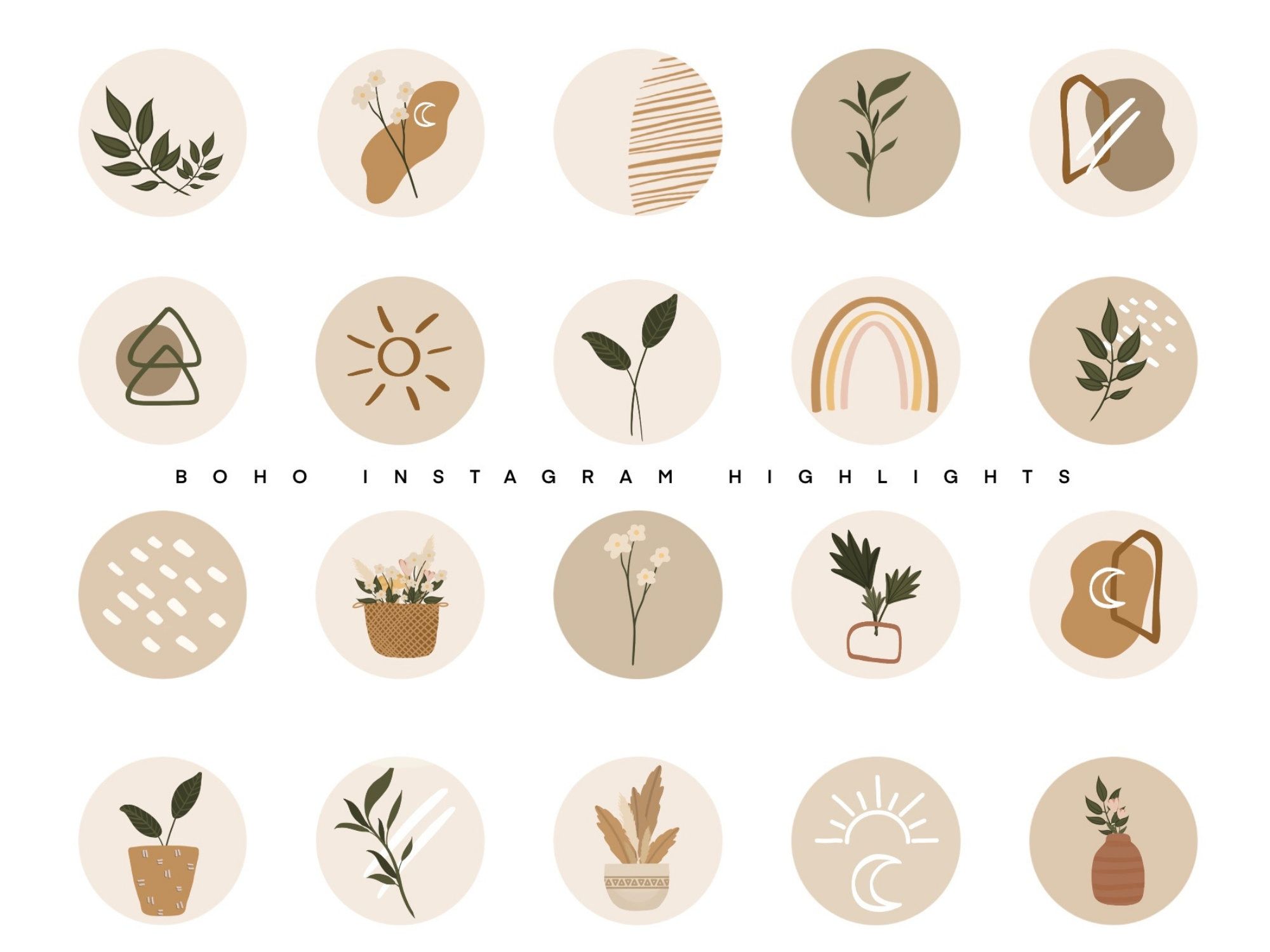 Highlight-Cover, Boho, Pflanzen, Icons, Erdtöne, Set, Hintergrundbild für iPad und Tablet