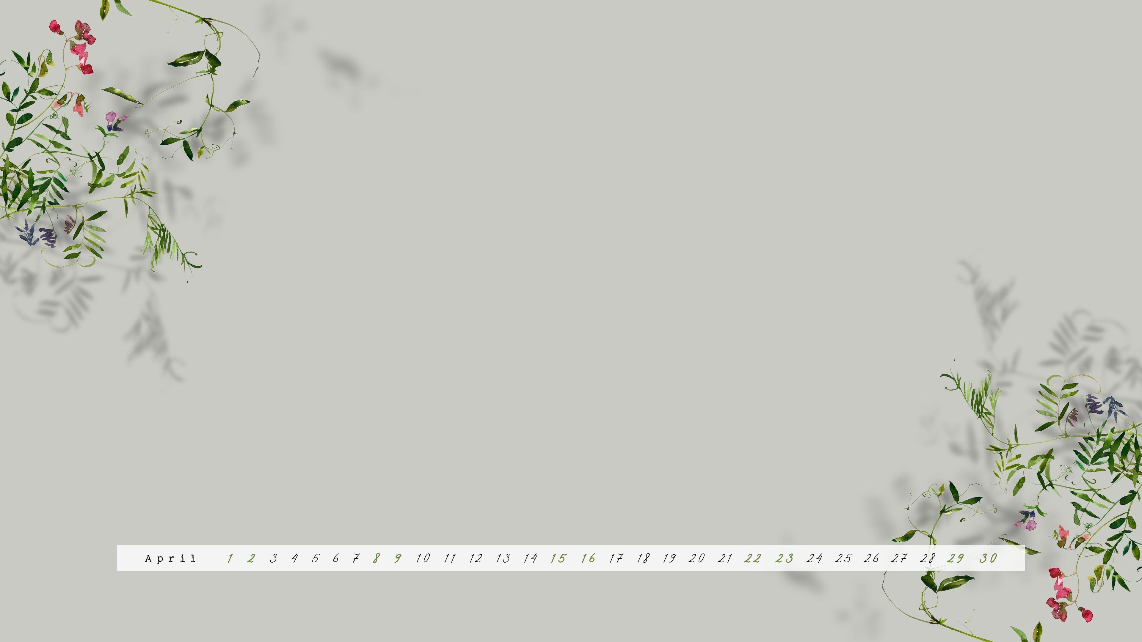 Kalender, Blumenranken, Grau, Wildblumen, 3840x2160, 4K-Hintergrundbild für PC