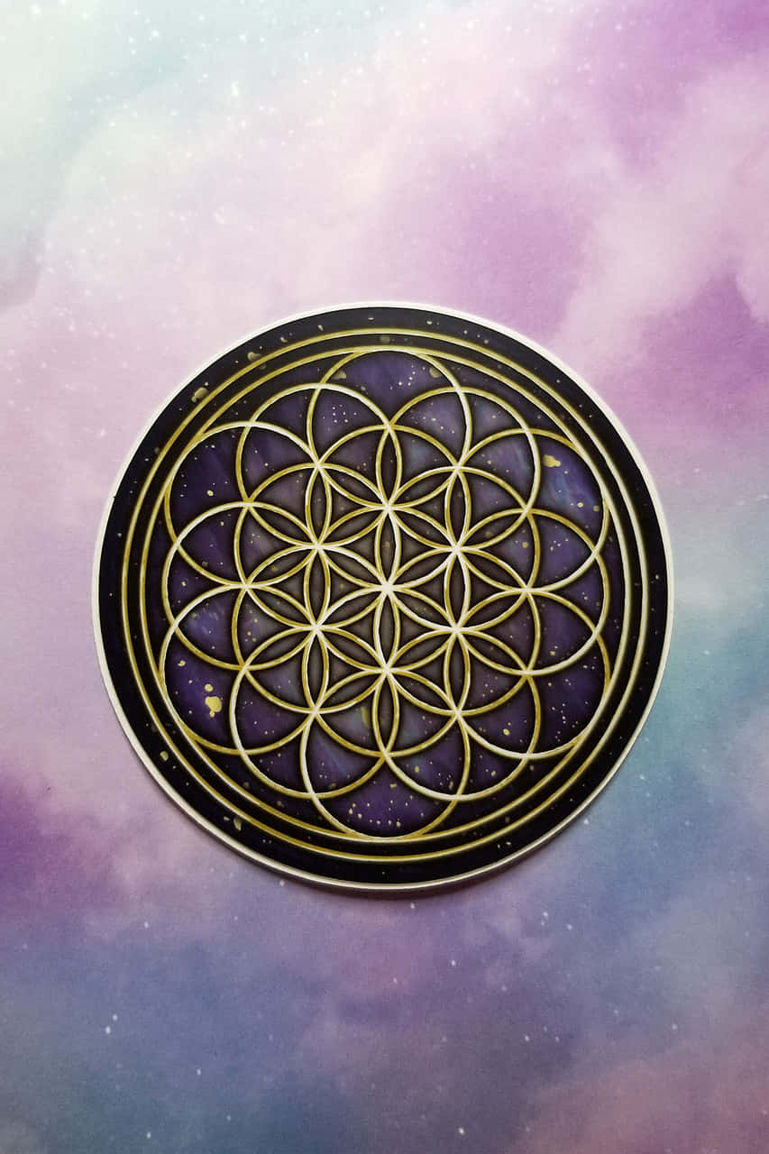 Blume des Lebens, Goldenes Ornament, Lila Wolken, Heilige Geometrie, Spirituell, HD-Handy-Hintergrundbild