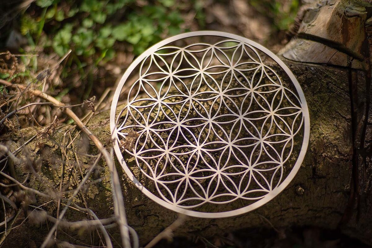 Blume des Lebens, Metallornament, Waldboden, Natur, Heilige Geometrie, Hintergrund