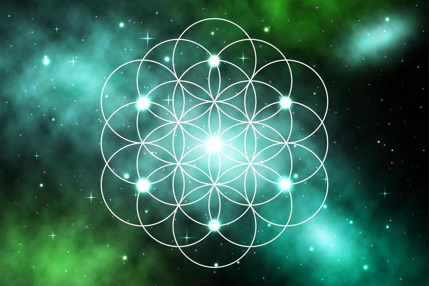 Blume des Lebens, Weltraum, Grüner Nebel, Sterne, Leuchten, Heilige Geometrie, HD-Hintergrundbild