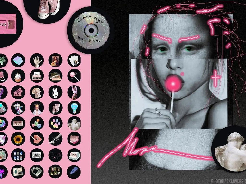 Mona Lisa, Lutscher, Collage, Neonschrift, Icons, Pop-Art, Hintergrundbild fürs Tablet